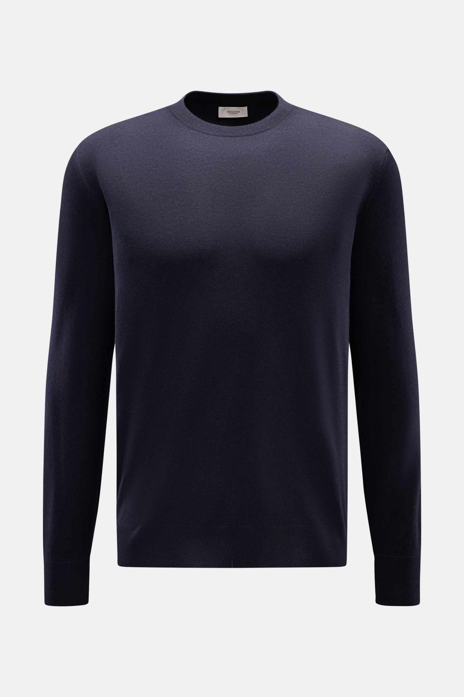 Agnona Cashmere Rundhalspullover navy, frontal fotografiert, Regular Fit, feines Strickbild, reiner Cashmere, weicher Griff, Rundhalsausschnitt, Rippbündchen, AGNONA-Metalllabel hinten.