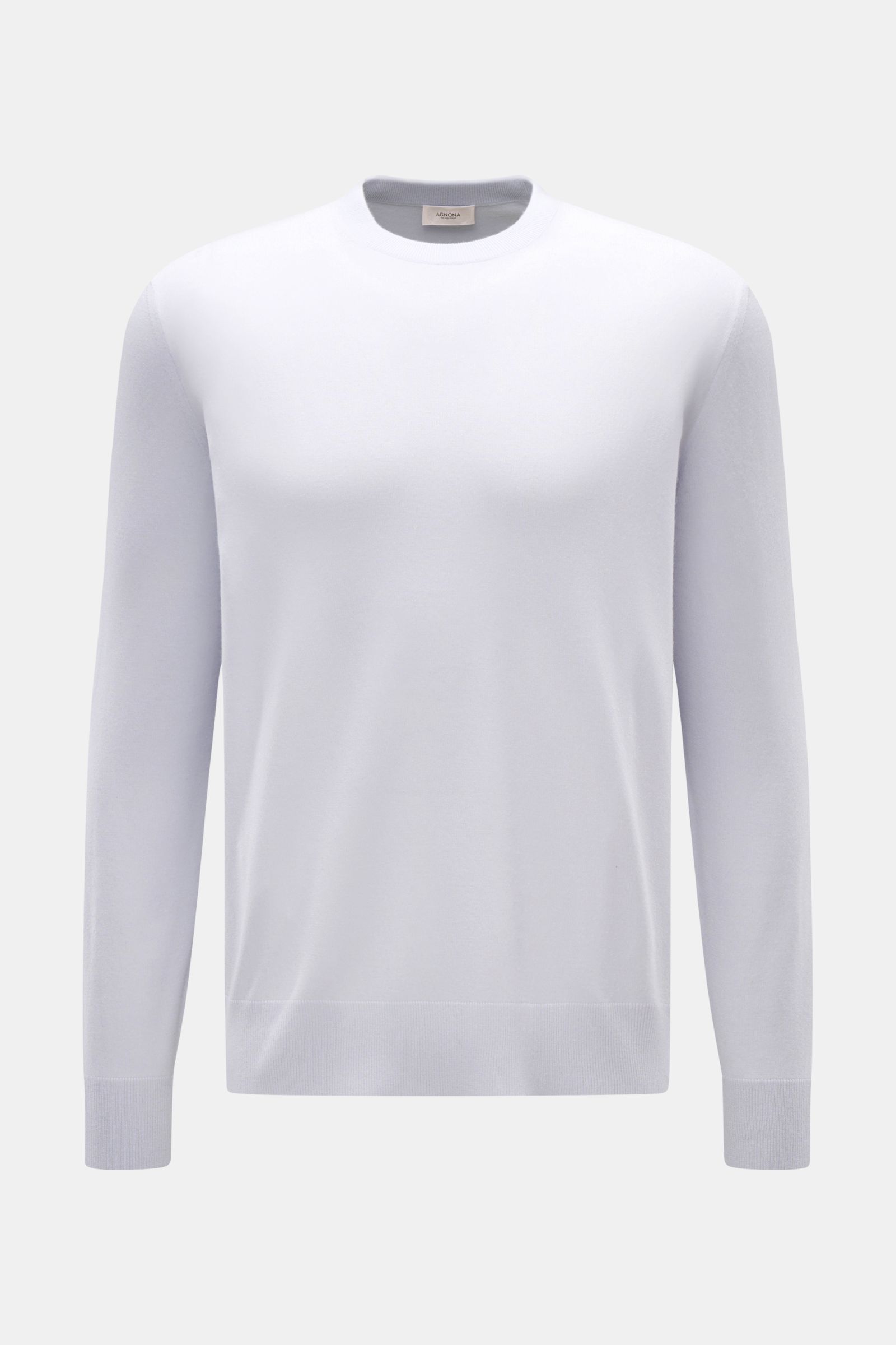 Agnona Cashmere Rundhalspullover rauchblau, Frontansicht, feines Strickbild, reiner Cashmere, weicher Griff, Regular Fit, Rundhalsausschnitt, Rippbündchen, Metalllabel hinten.