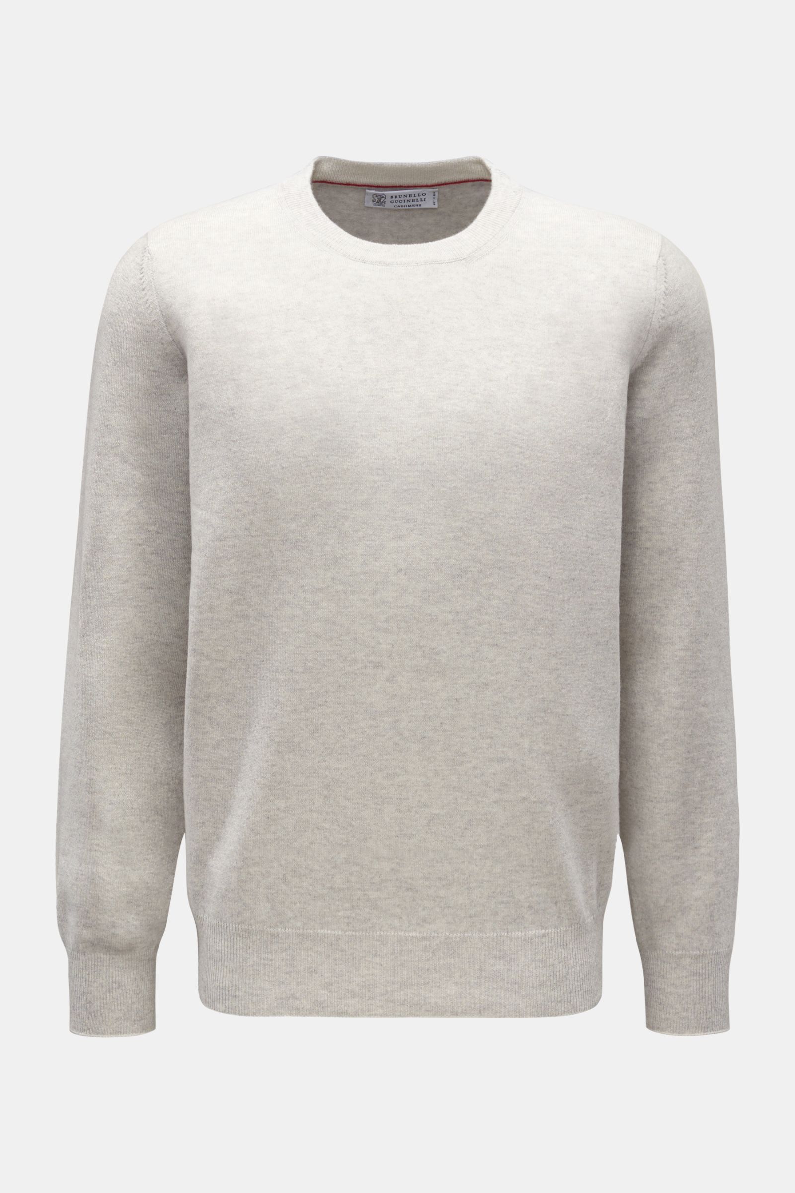 Front view of Brunello Cucinelli Cashmere crew neck jumper light grey, featuring pure cashmere, fine knit, narrow contrasting borders, regular fit, and flexible ribbed bands.

This luxurious cashmere jumper with crew neck by BRUNELLO CUCINELLI is a ver