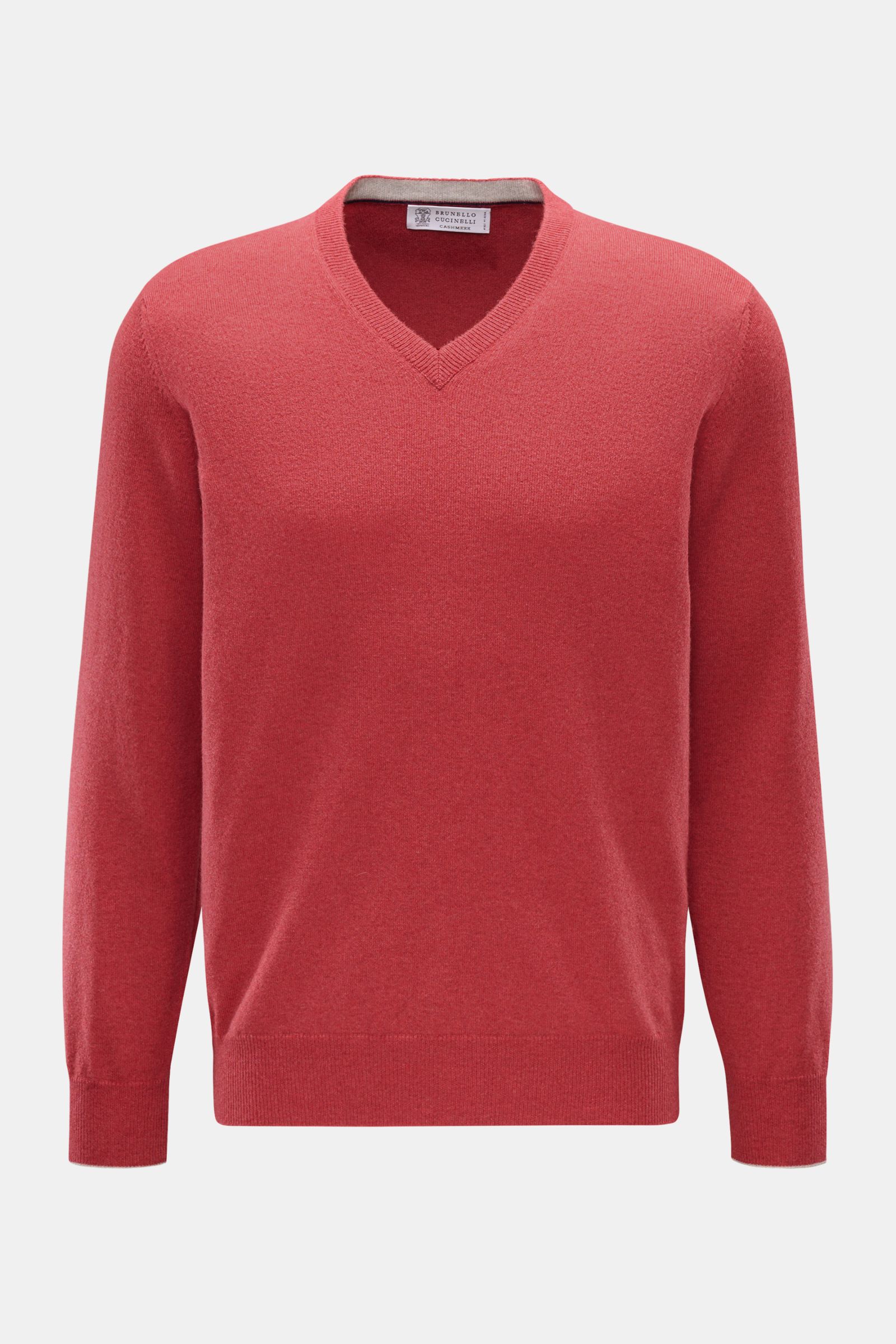 Front view of Brunello Cucinelli Cashmere V-Neck Pullover hellrot, featuring pure cashmere, soft touch, fine knit, slim contrast edges, regular fit, V-neck, and flexible rib cuffs. Luxuriöser Cashmere in Verbindung mit klassischem Design: Der V-Neck Pullo