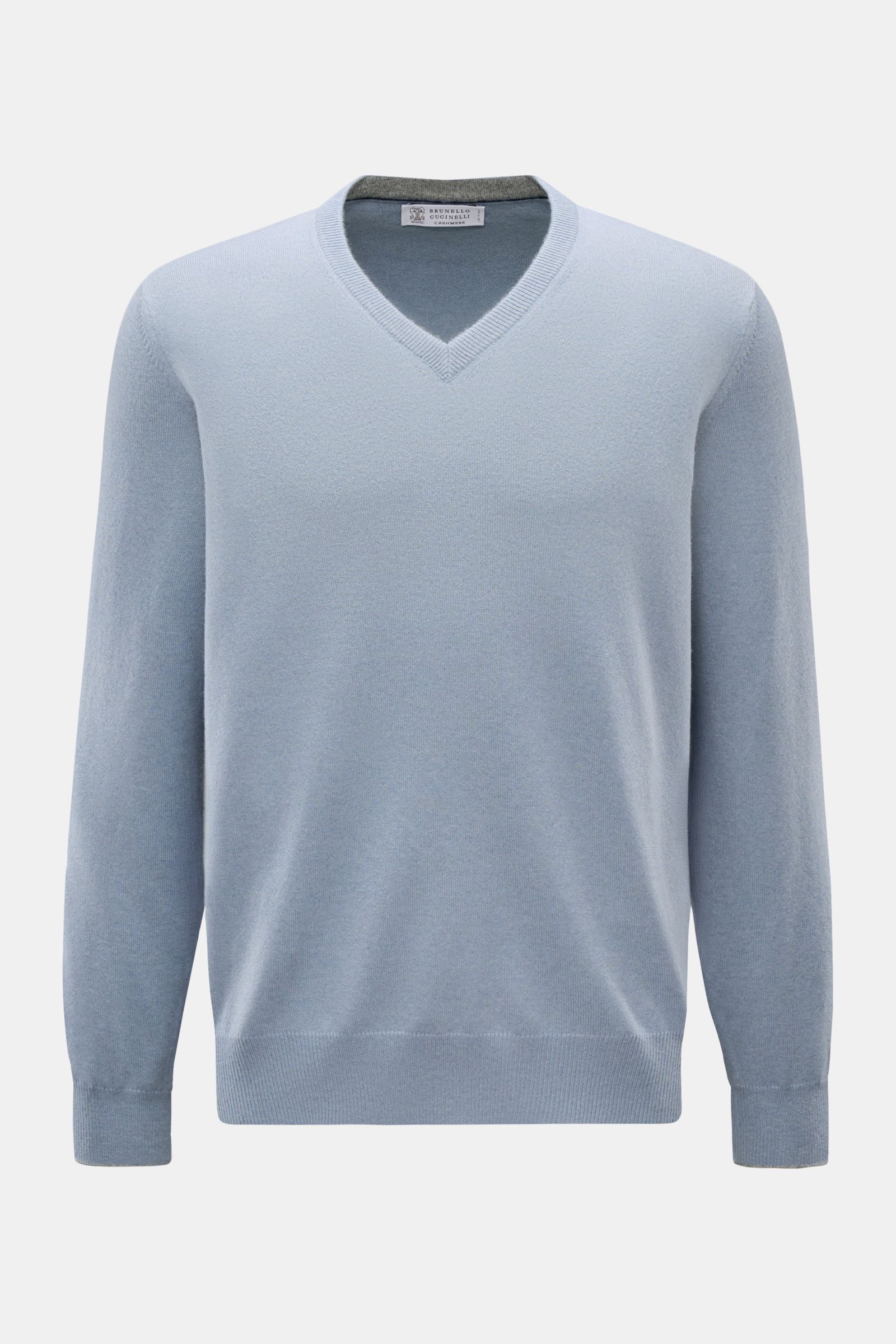 Brunello Cucinelli Cashmere V-Neck Pullover rauchblau, frontale Ansicht, reiner Cashmere, feines Strickbild, schmale Kontrastkanten, Regular Fit, V-Ausschnitt, weicher Griff.