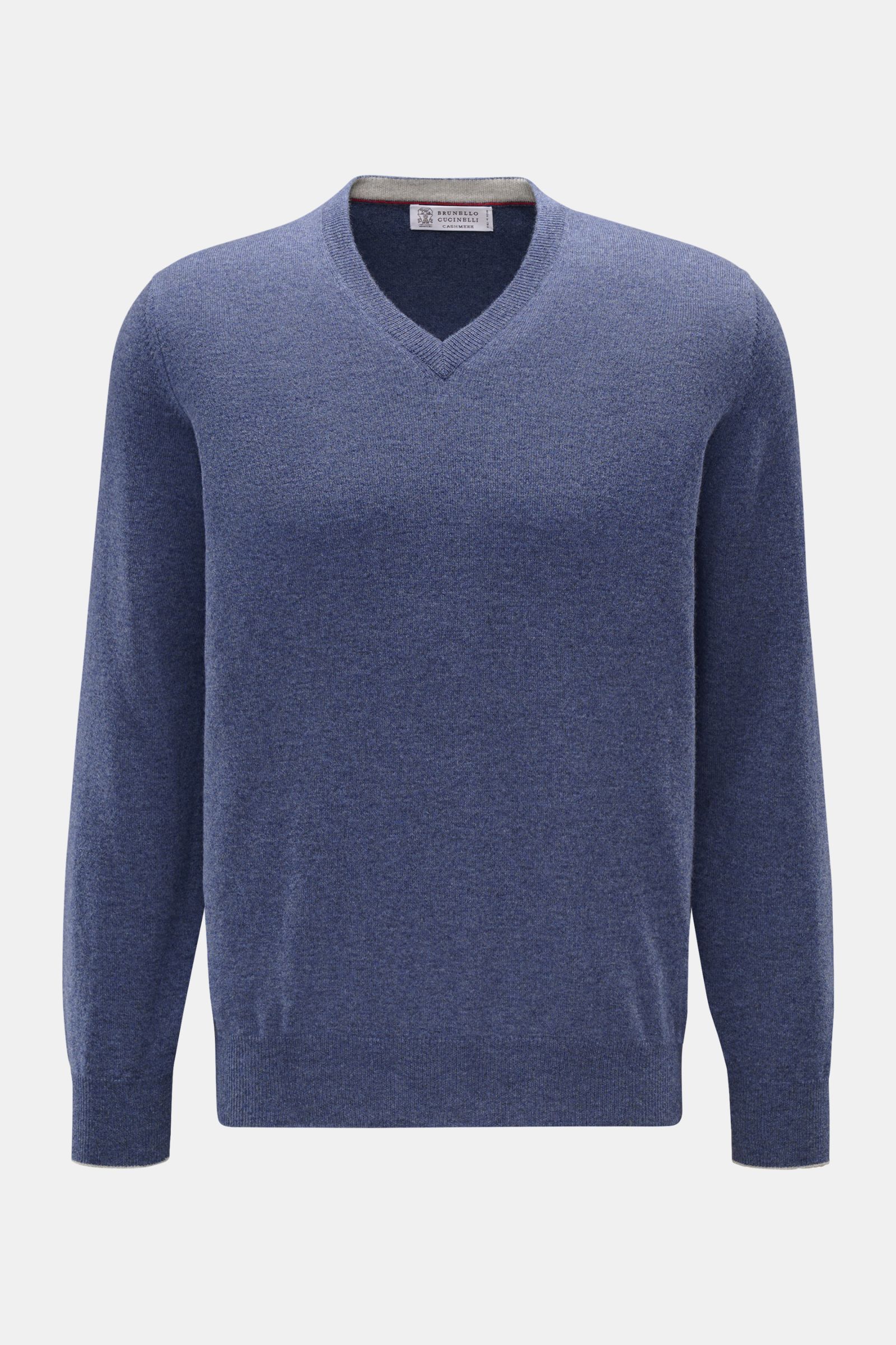 Front view of a Brunello Cucinelli Cashmere V-Neck Pullover blau meliert, showcasing luxurious pure cashmere, very soft touch, fine knit, narrow contrast edges, regular fit, V-neckline, and flexible ribbed cuffs. Luxuriöser Cashmere in Verbindung mit klas