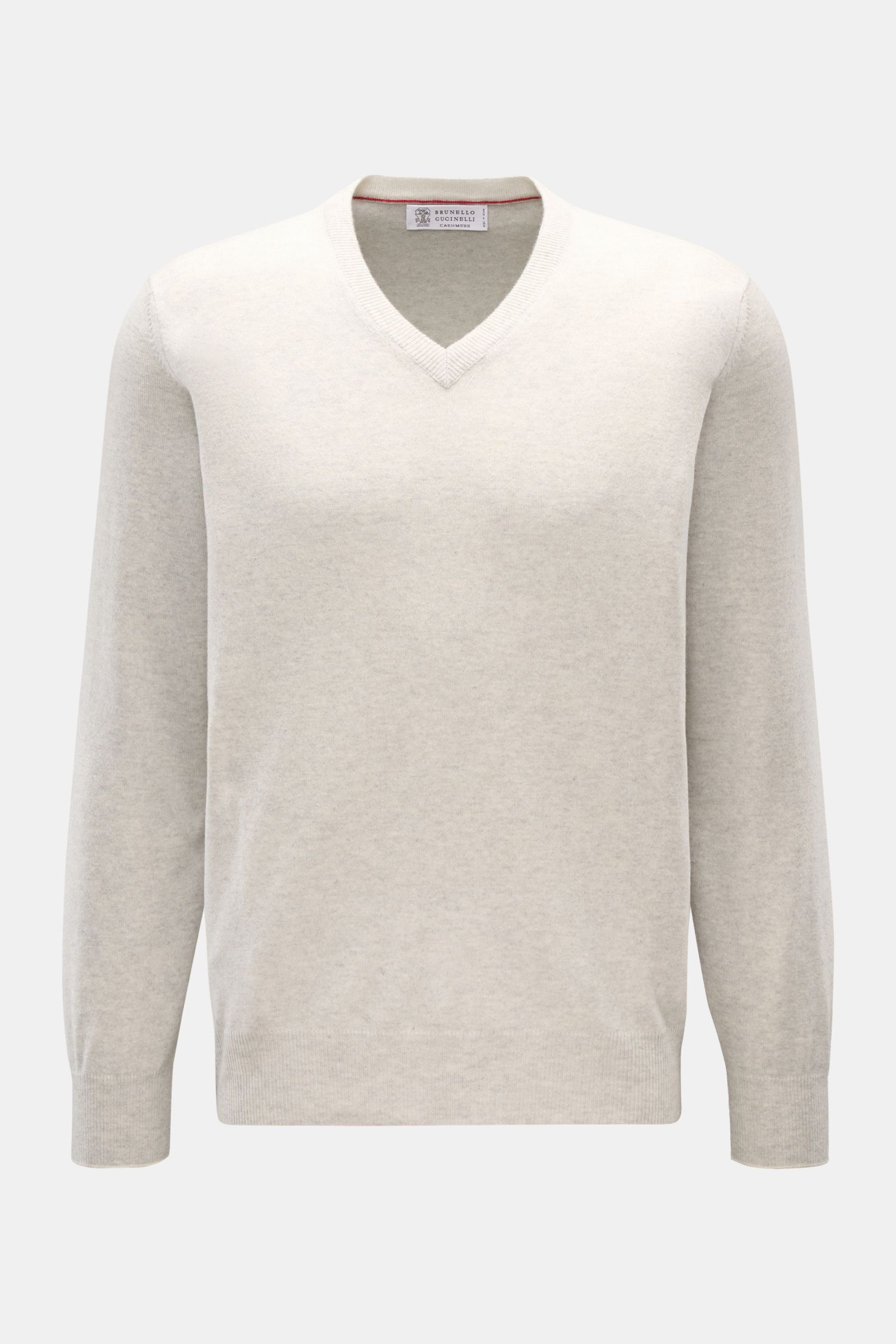 Front view of a Brunello Cucinelli Cashmere V-Neck Pullover hellgrau meliert in light gray melange, showcasing pure cashmere, soft touch, fine knit, slim contrast edges, regular fit, V-neckline, and flexible rib cuffs. Luxuriöser Cashmere in Verbindung mi