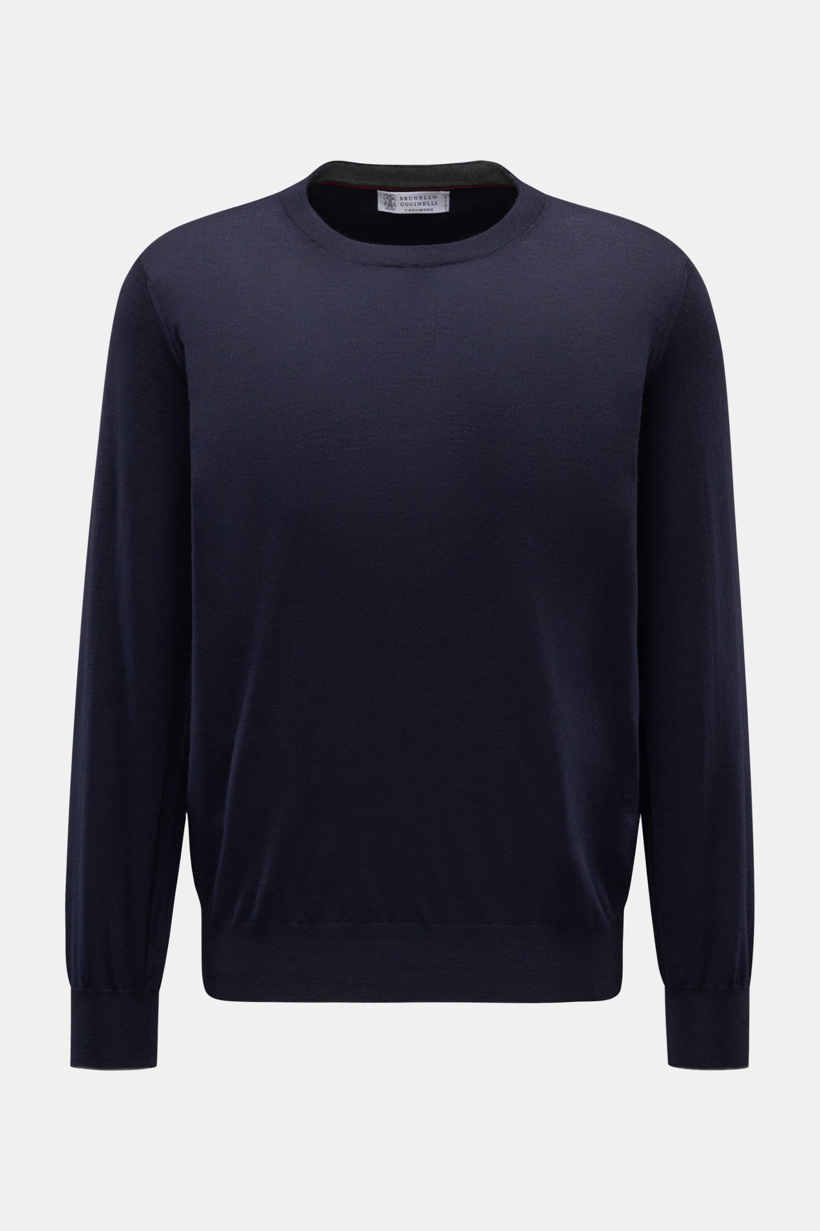 Front view of Brunello Cucinelli Rundhalspullover navy, a timeless, versatile wool and cashmere knit sweater with slim contrast edges.

Dieser zeitlose, vielseitige Pullover von BRUNELLO CUCINELLI aus feinstem Strick aus Wolle und Cashmere verfügt über