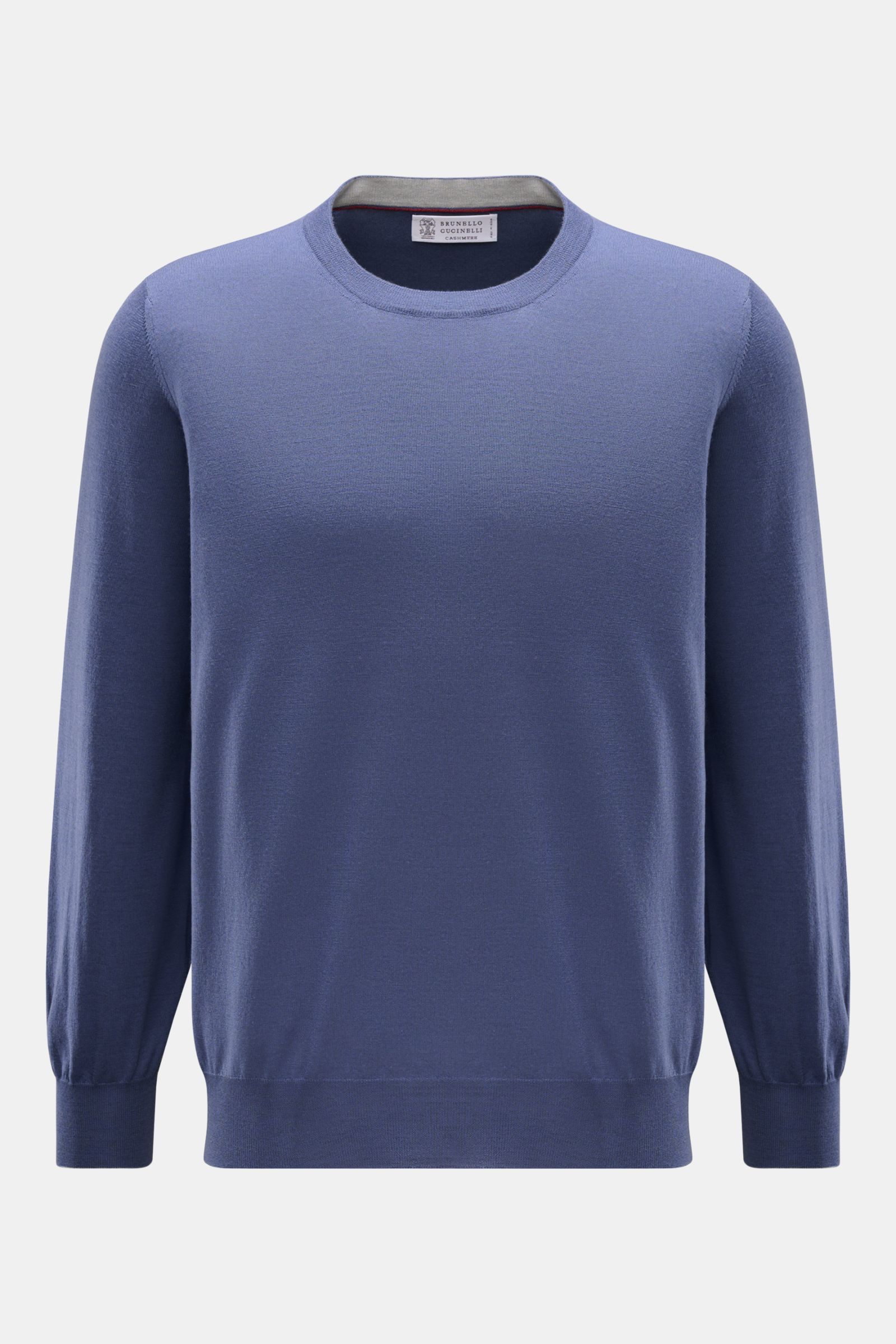 Front view of a Brunello Cucinelli Rundhalspullover blau, a timeless, versatile wool and cashmere knit sweater with fine texture, slim contrast edges at cuffs, regular fit, and flexible ribbed cuffs. Dieser zeitlose, vielseitige Pullover von BRUNELLO C