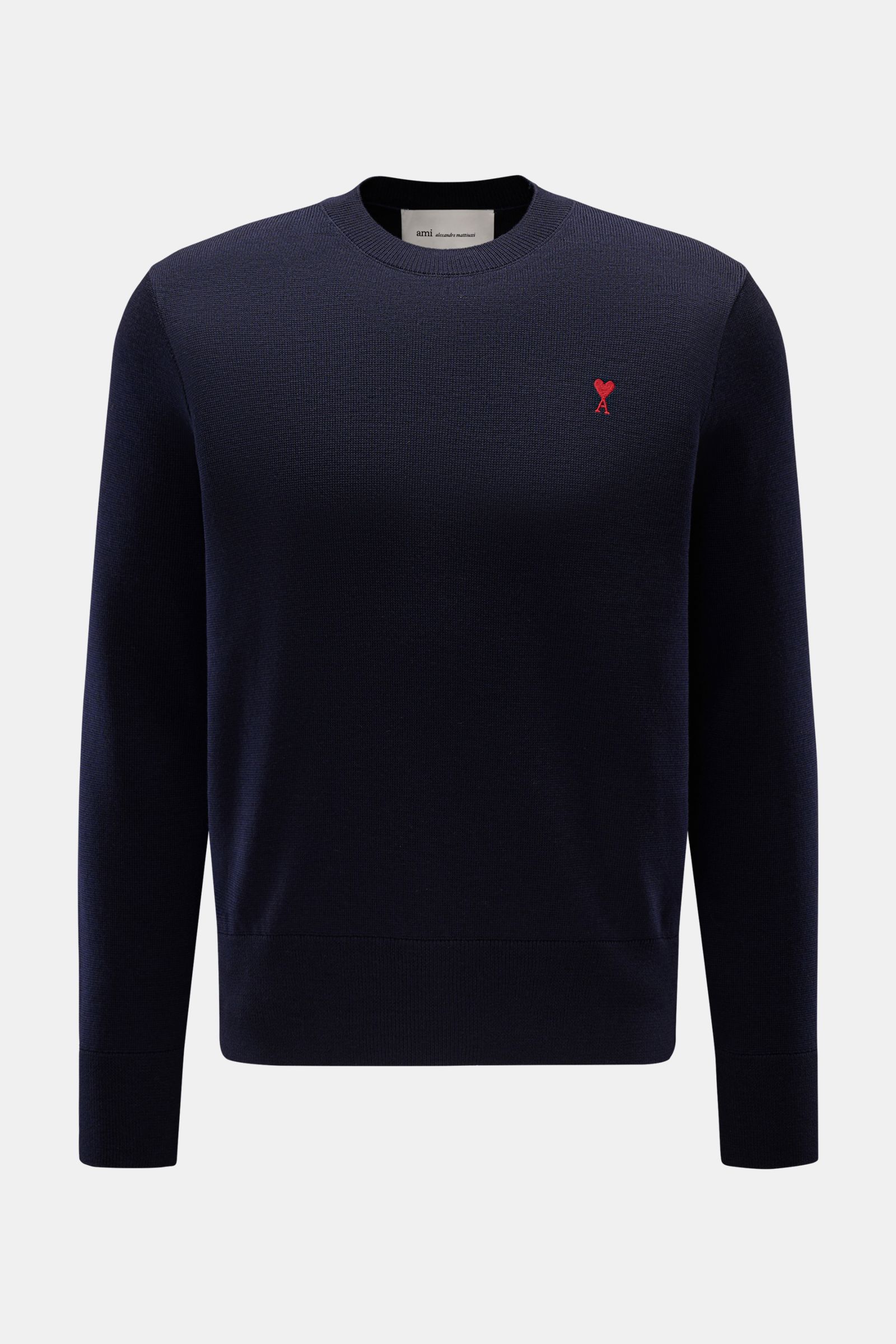 Ami Paris Merino Rundhalspullover navy, Frontansicht, Regular Fit, reine Merinowolle, weicher Griff, feines Strickbild, Rundhalsausschnitt, Logo-Stitching, Rippbündchen.