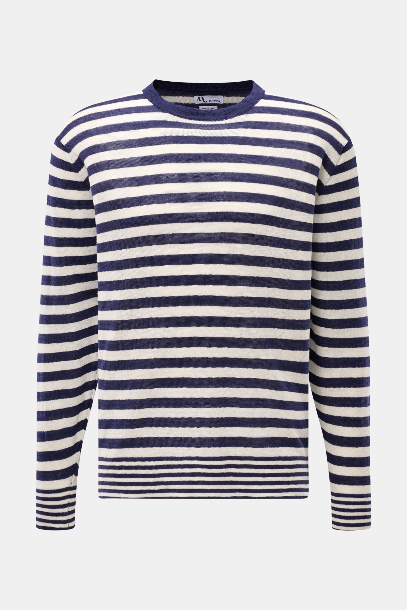 Front view of Doppiaa Crew neck jumper 'Aalfeo' navy/cream striped, made of pure linen with a classic striped pattern and crew neck.

Description: A summery essential in linen: This crew neck jumper by DOPPIAA is made of cool natural fibres and has a naut