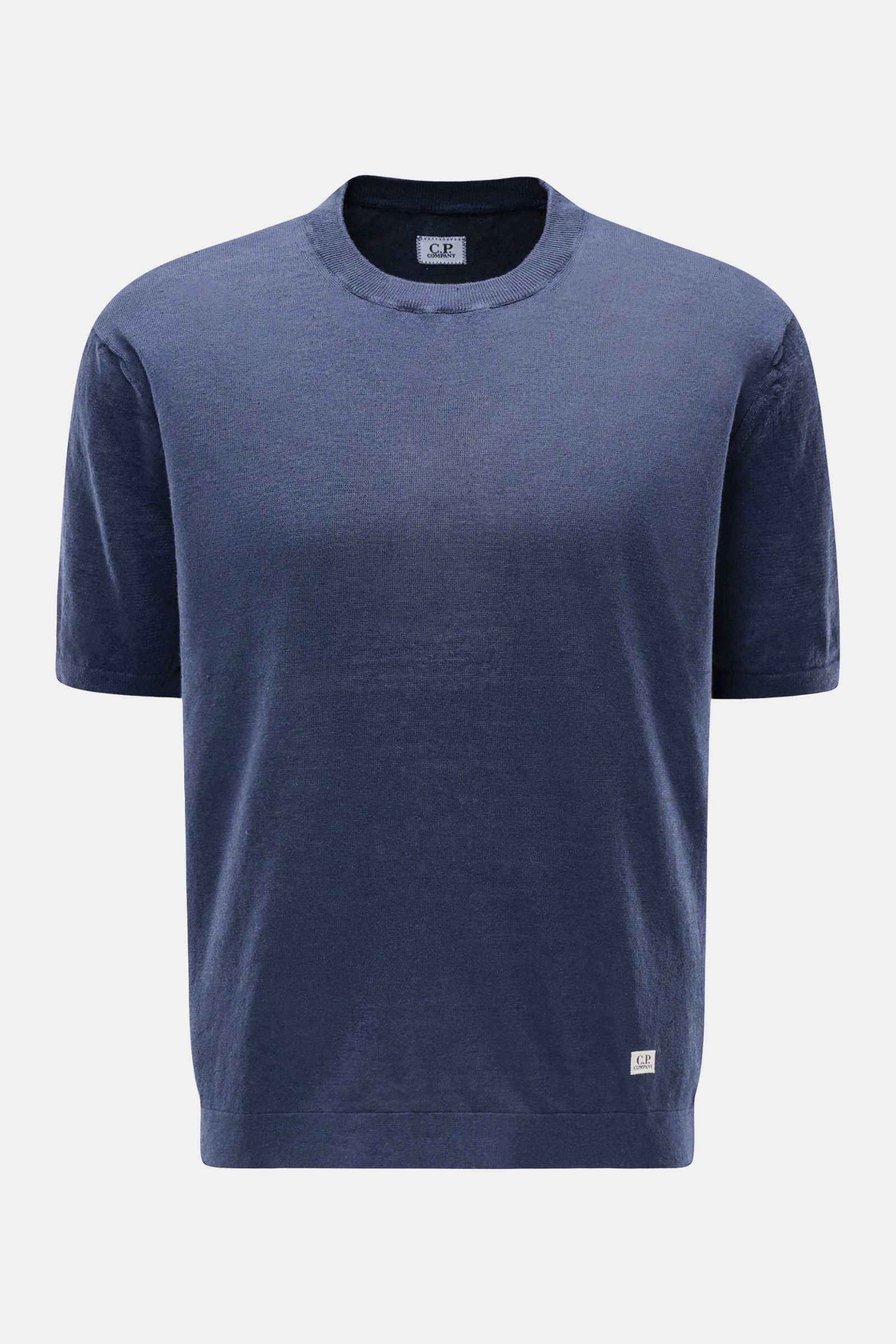 C.P. Company Kurzarmpullover navy, Frontansicht, leichter Leinen-Feinstrick, Regular Fit, elastische Rippbündchen, kleines Weblabel am Saum.