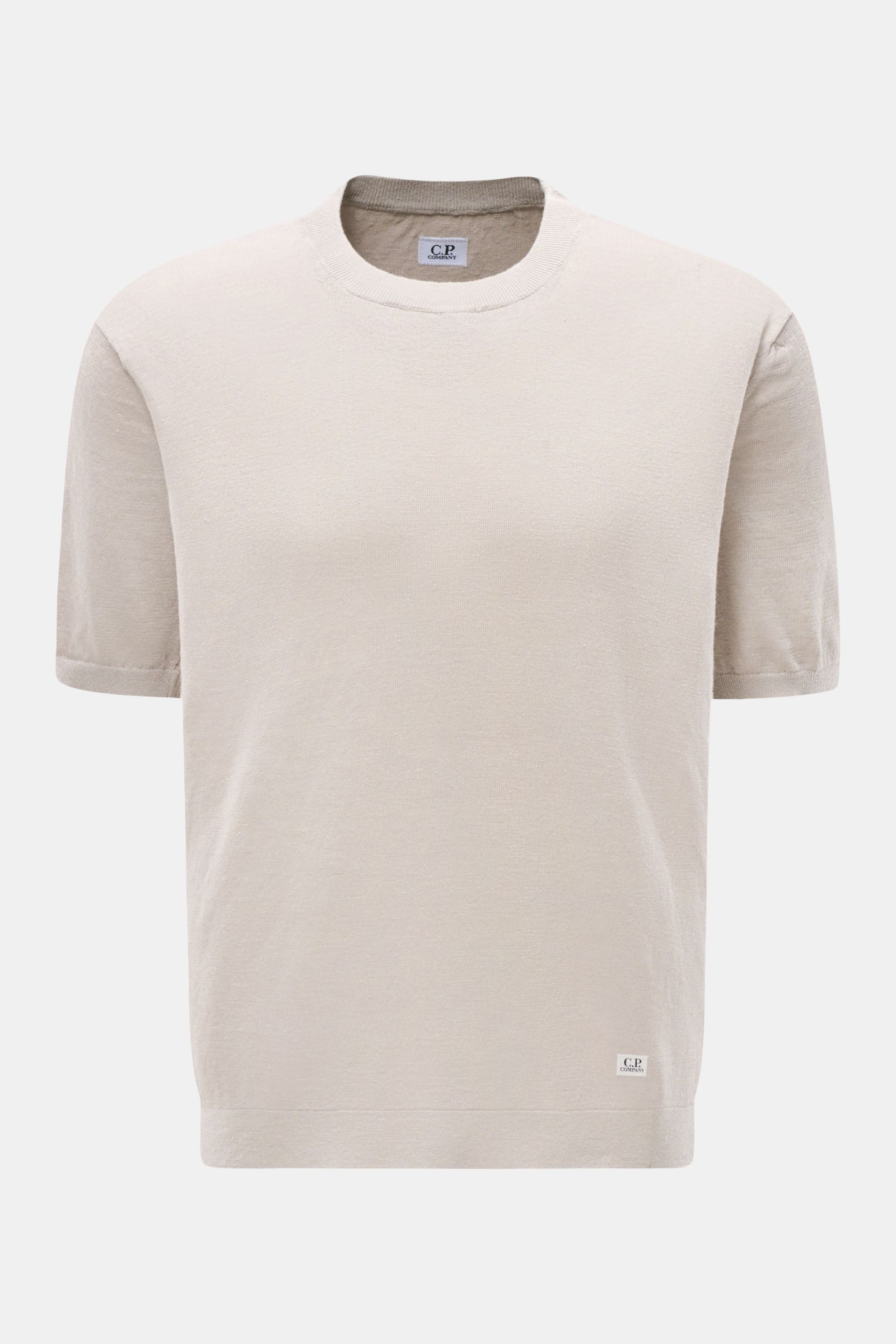 C.P. Company Kurzarmpullover grau, leichter Leinenstrick, Regular Fit, elastische Rippbündchen, kleines Weblabel, frontal fotografiert, feines Strickbild.