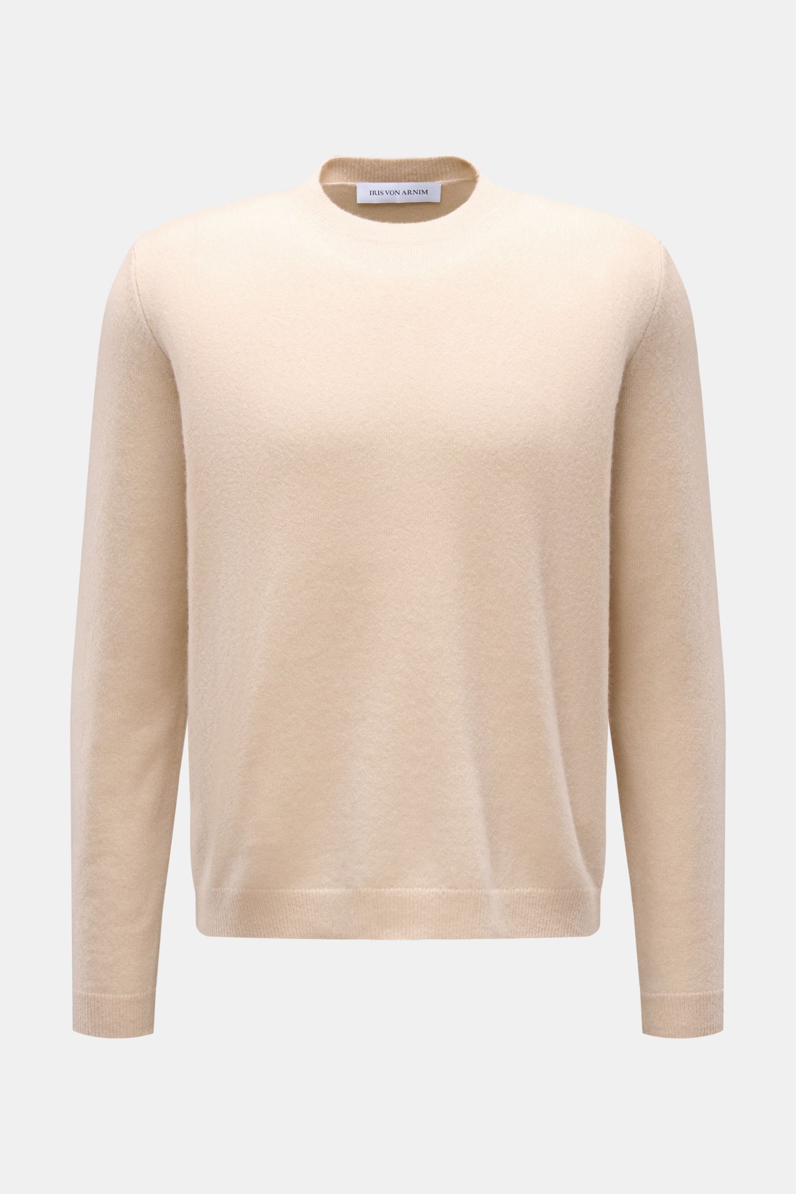 Front view of Iris von Arnim Cashmere-Seide Rundhalspullover 'Amiro' beige, a lightweight round neck sweater blending cashmere and silk with a fine knit, soft touch, regular fit, and ribbed cuffs. Der Rundhalspullover 'Amiro' bringt den Luxus von IRIS 