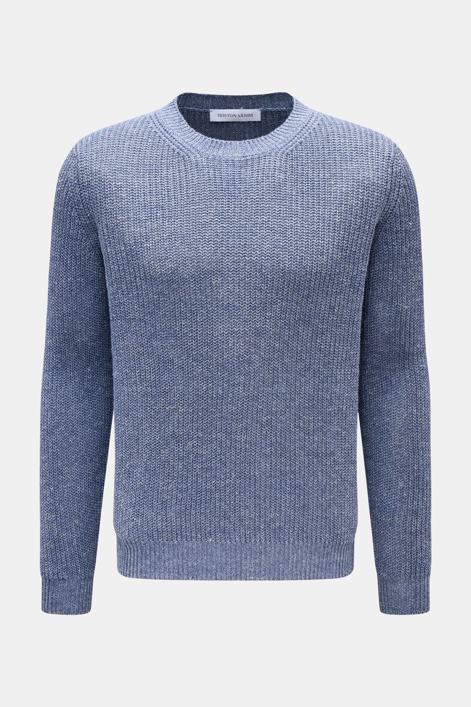 Iris von Arnim Crew neck jumper 'Leovan' smoky blue mottled, front view of voluminous brioche knit in fine linen-cotton blend, lightweight, regular fit, crew neck.