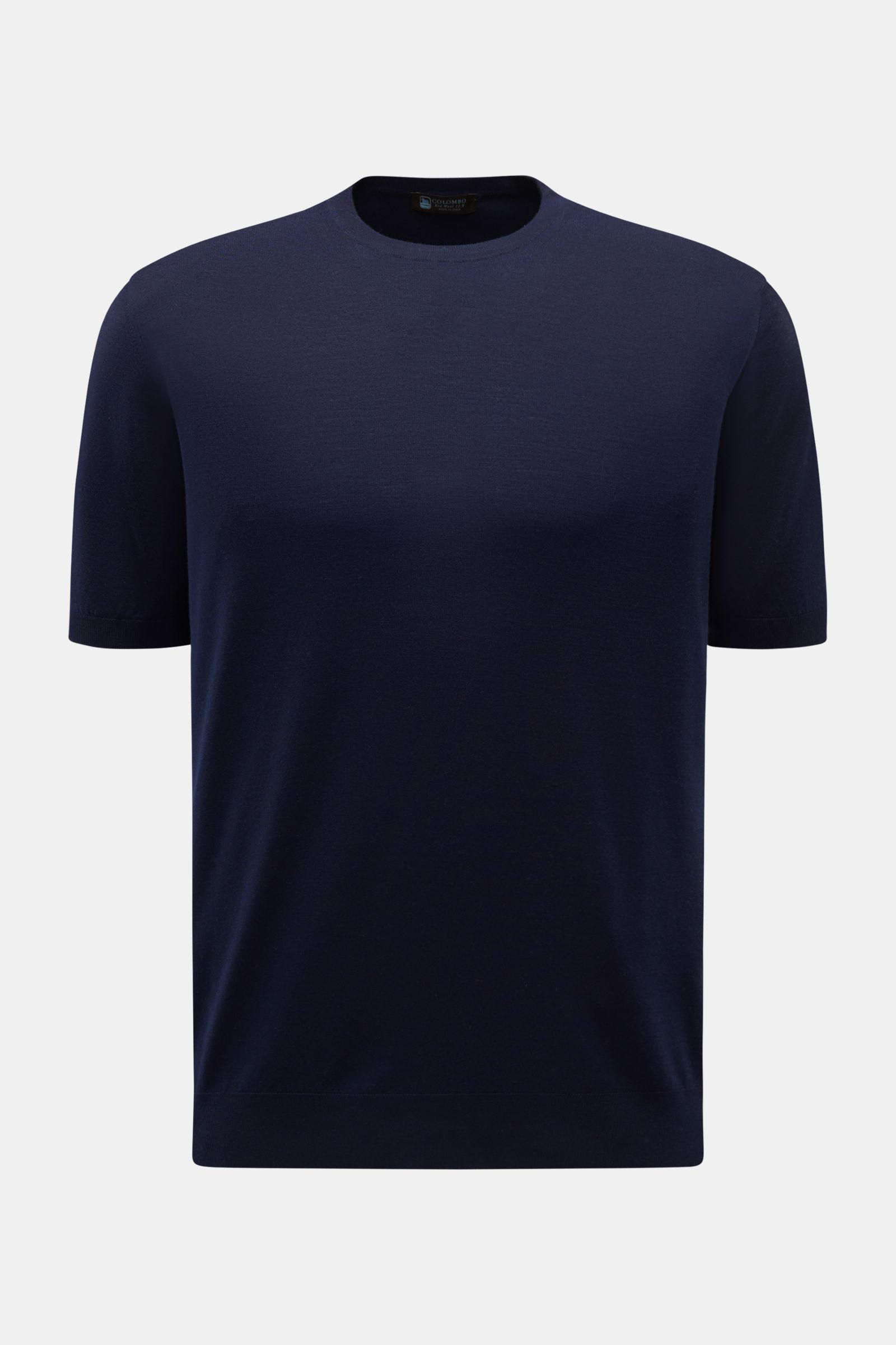 Colombo Kurzarmpullover navy shown from the front on a plain background, made of pure kid wool with a very soft feel, regular fit, round neckline, and comfortable ribbed cuffs. Subtle luxury crafted from exclusive 'Kid Wool' fiber by COLOMBO, featuring ex