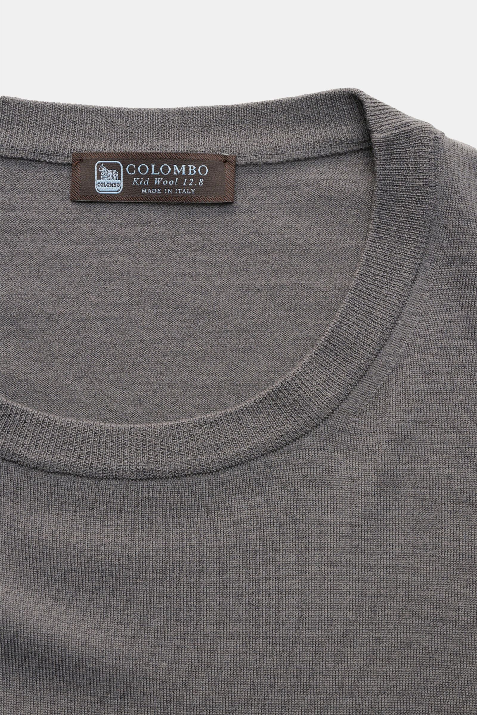 Colombo Crew neck jumper dark grey shown from a top close-up view, highlighting fine knit crew neck and ribbed bands. Subtle luxury: Made from exclusive 'Kid Wool', this elegant fine knit crew neck jumper impresses with its delightfully fine feel and e
