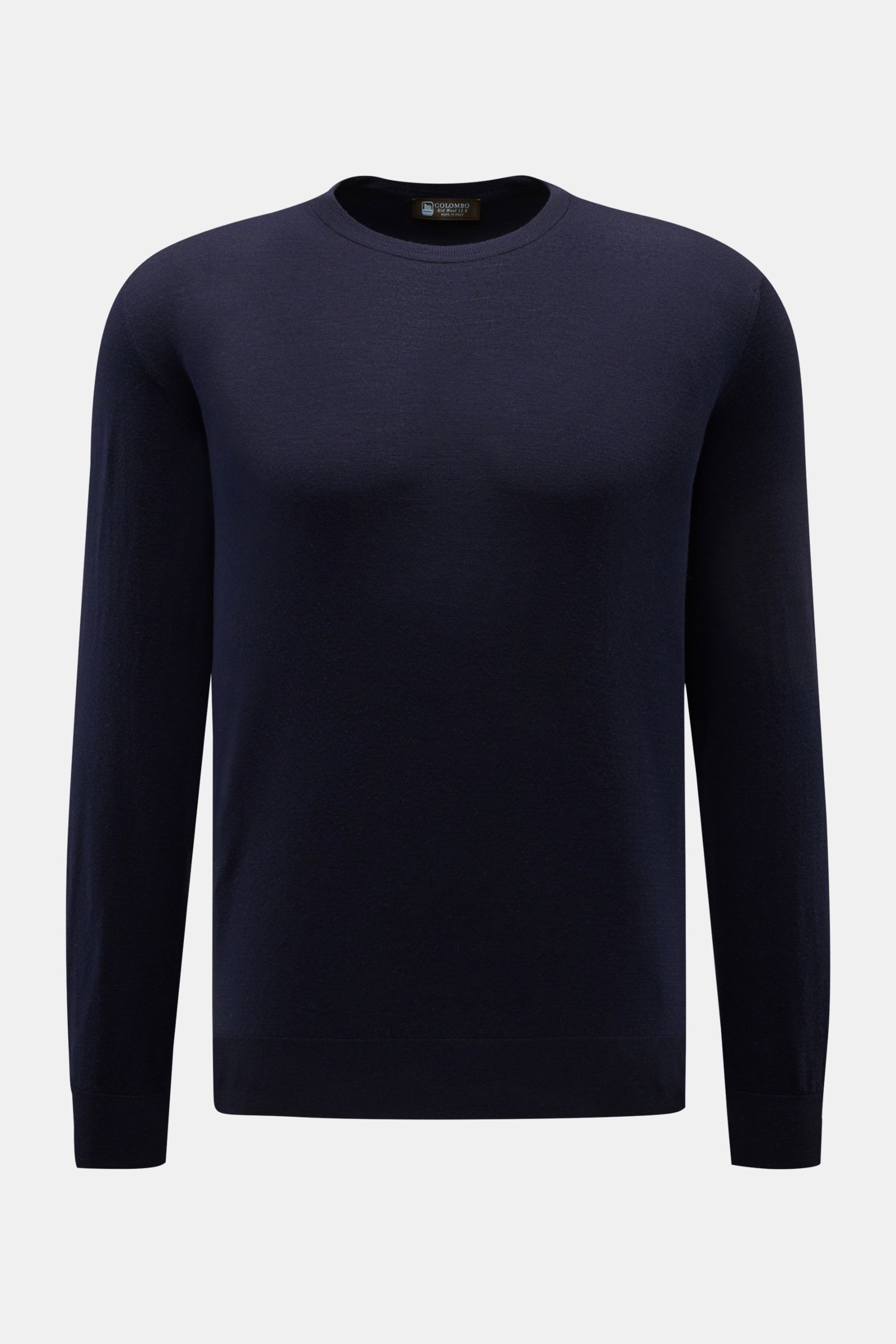 Colombo Rundhalspullover navy, vorne frontal fotografiert, aus reiner Kid Wool, Regular Fit, Rundhalsausschnitt, weicher Griff, Rippbündchen, feiner Luxus.