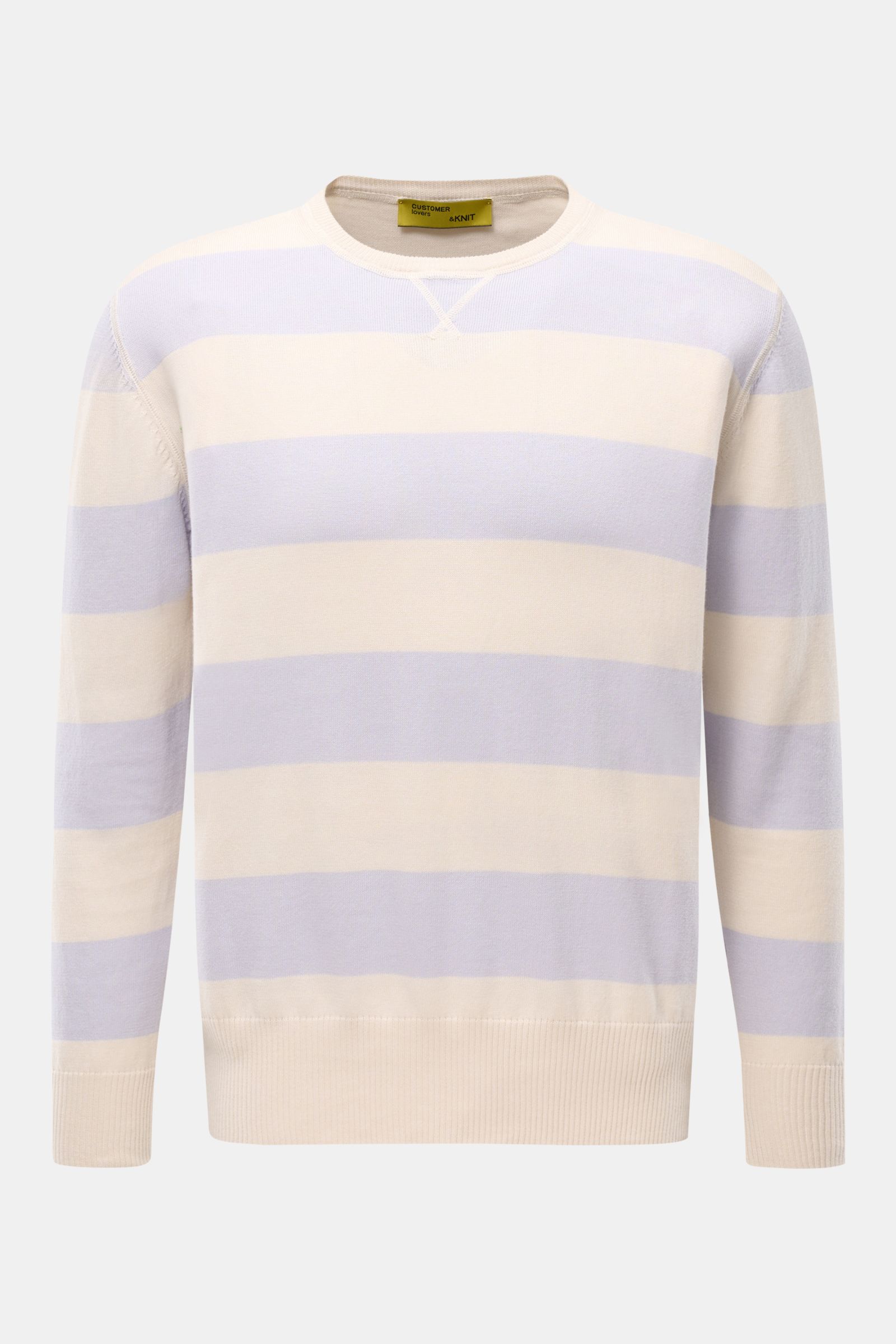 Front view of B.F. Knitwear Crew neck jumper lavender/cream striped, a lightweight summer knit in pure cotton with soft feel, fine knit, striped pattern, slim fit, crew neck, quilted decorative stitching, and elasticated rib knit bands.