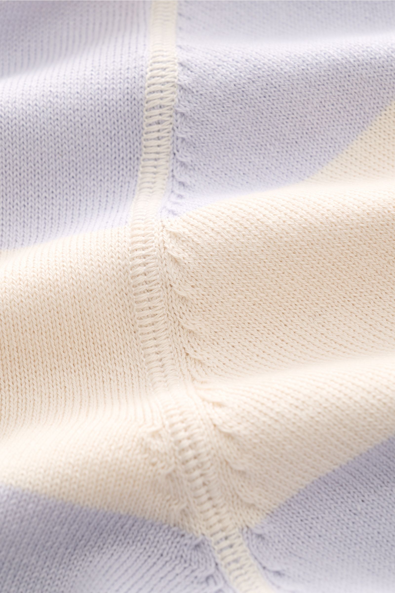 Close-up front view of B.F. Knitwear Crew neck jumper lavender/cream striped showing fine knit cotton with soft feel, slim fit, quilted stitching, and elasticated rib knit bands.

Description: Lightweight summer knit by experts B.F. KNITWEAR: This fine