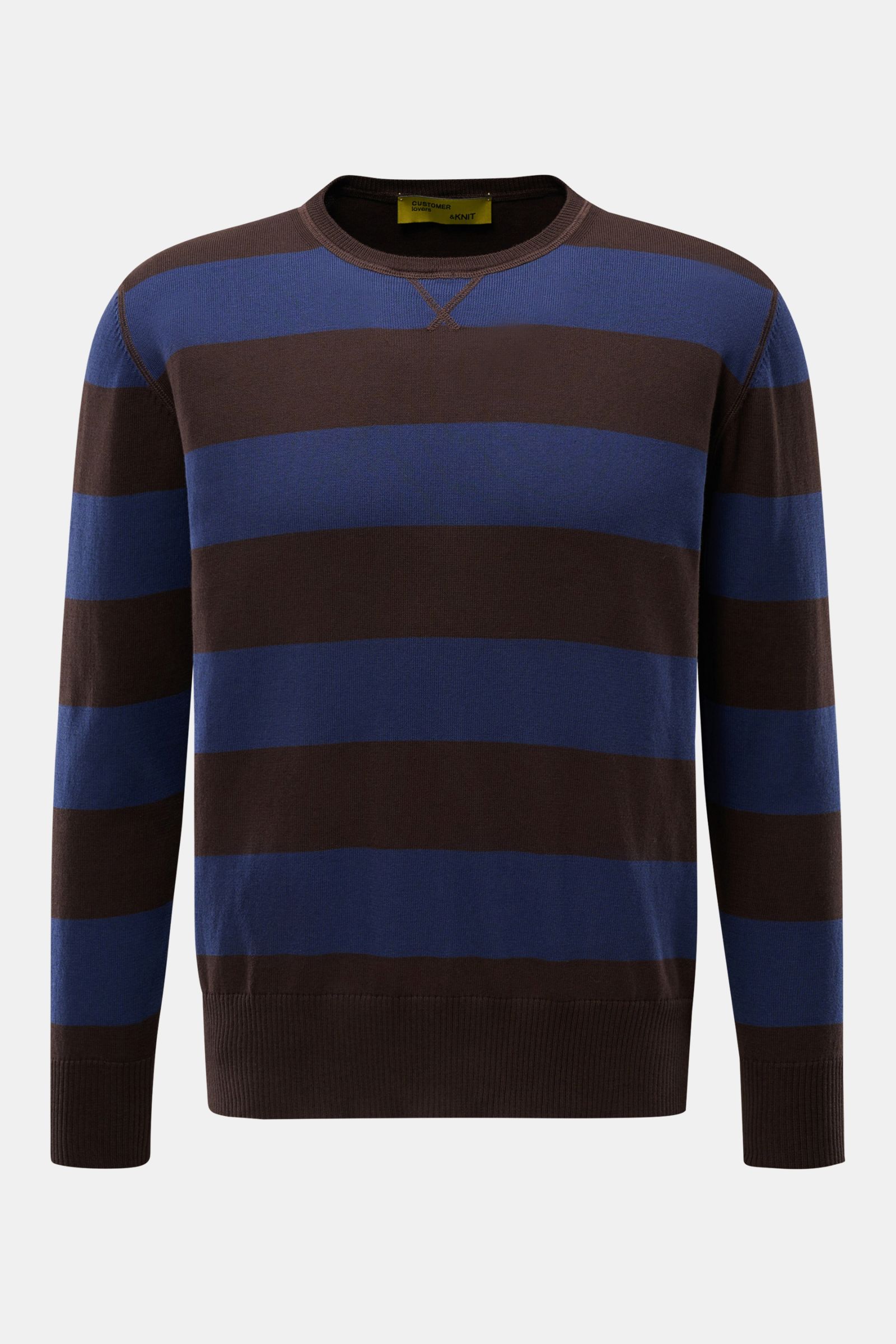 Front view of B.F. Knitwear Crew neck jumper navy/dark brown striped, a lightweight summer knit with fine cotton knit stripes.

Description:  
Lightweight summer knit by experts B.F. KNITWEAR: This fine knit crew neck jumper in cotton with block stripe