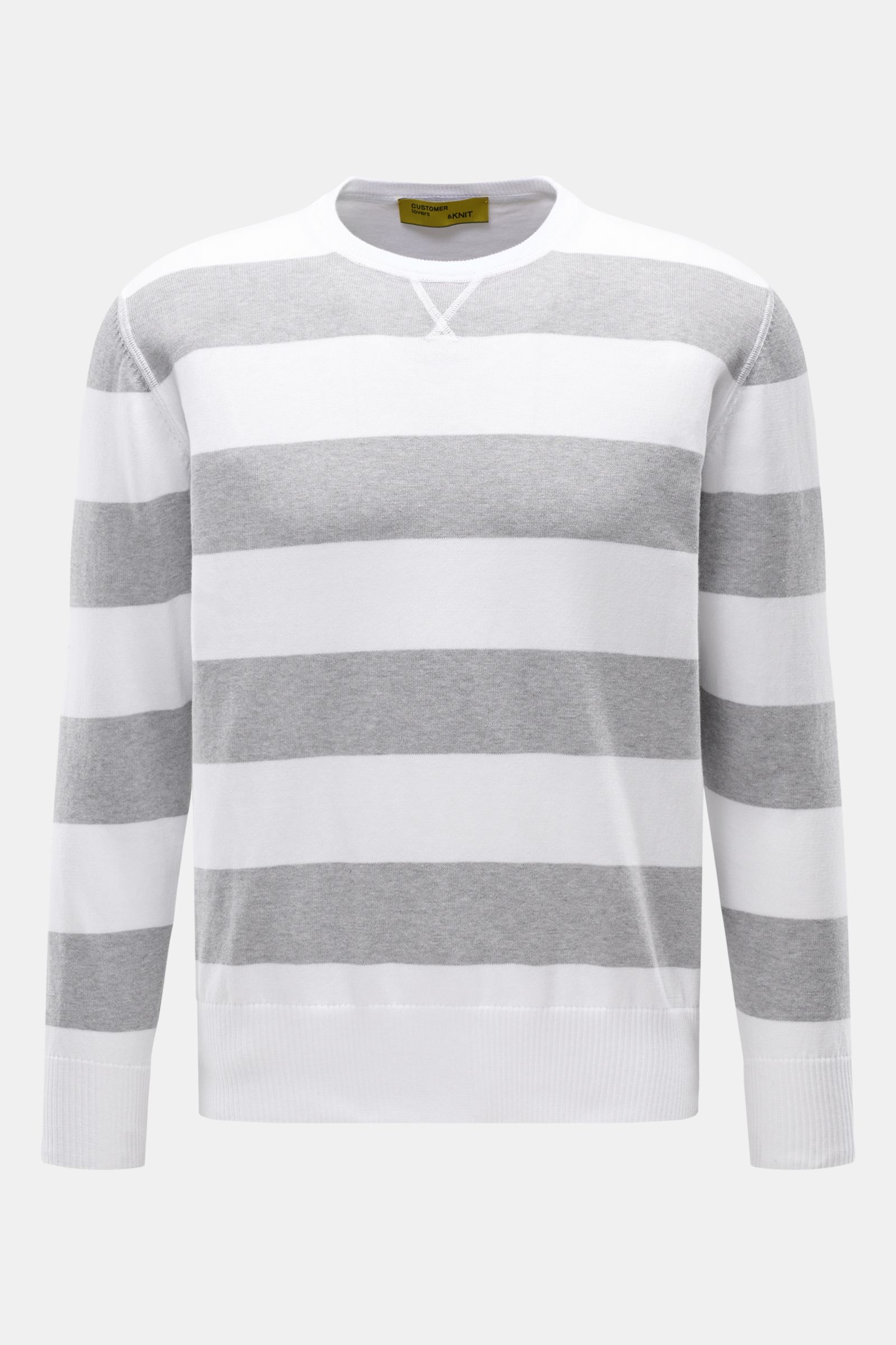 B.F. Knitwear Rundhalspullover grau/weiß gestreift, Frontansicht, leichter Sommerstrick aus reiner Baumwolle, Slim Fit, Rundhalsausschnitt.