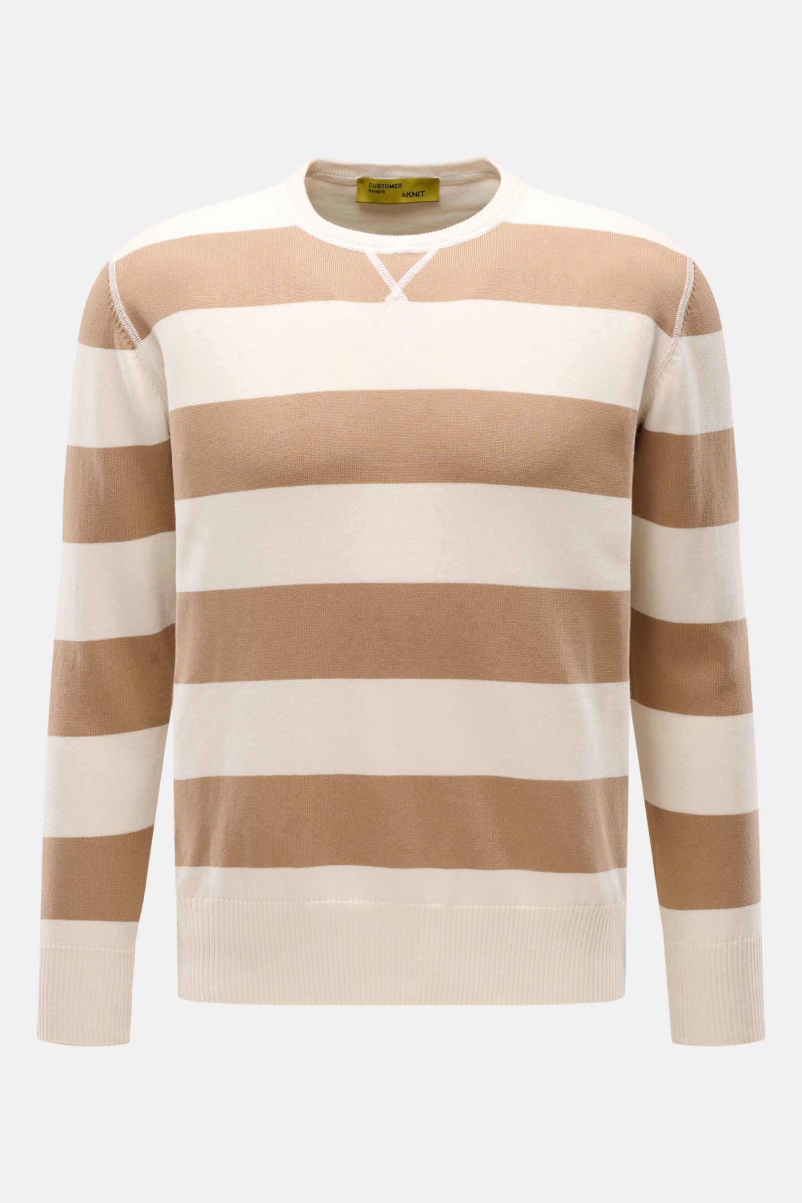 B.F. Knitwear Rundhalspullover hellbraun/creme gestreift, Slim Fit, feiner Sommerstrick, reine Baumwolle, Rundhalsausschnitt, elastische Bündchen, frontale Aufnahme.