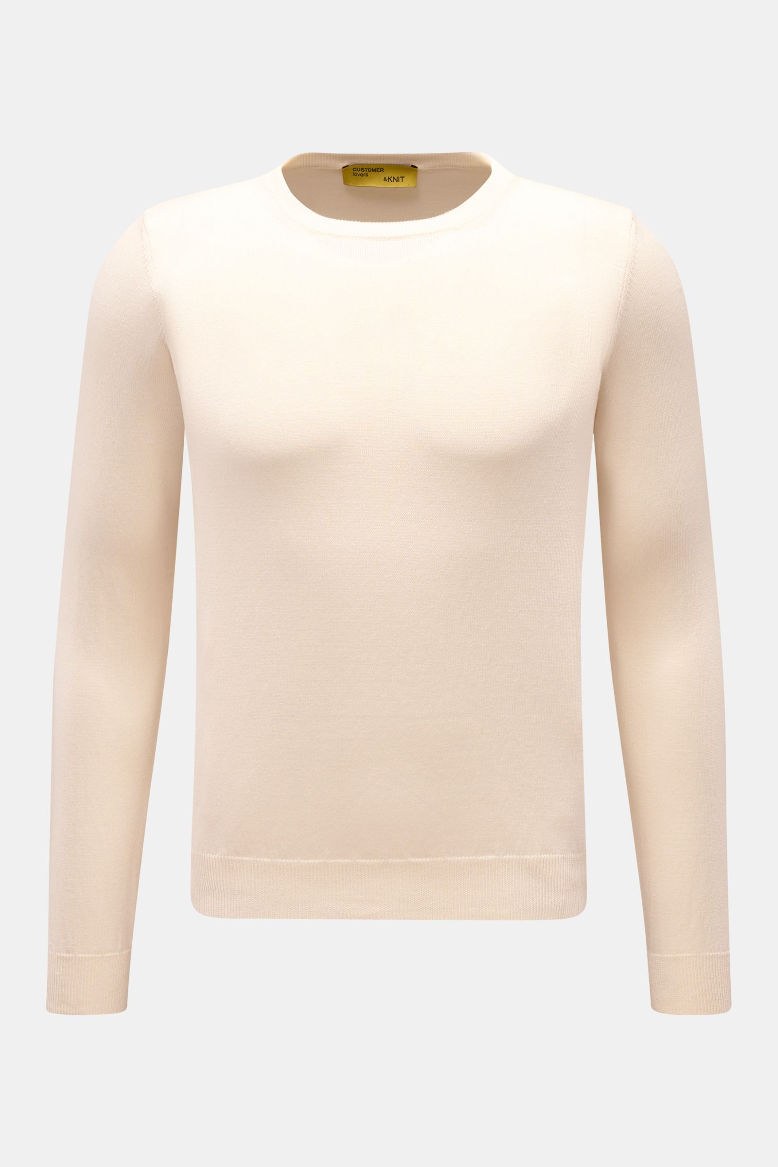 Front view of B.F. Knitwear Crew neck jumper cream in pure cotton, slim fit with fine knit and ribbed bands, soft feel.

A versatile essential for spring: This crew neck jumper in pure cotton by B.F. KNITWEAR enhances any wardrobe with a clean, timeles