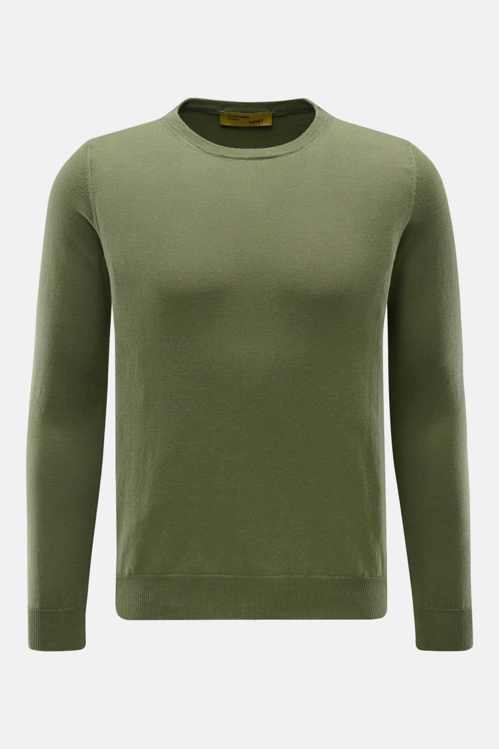 Front view of B.F. Knitwear Crew neck jumper olive, a slim fit, pure cotton, fine knit jumper with soft feel and ribbed bands. 

Description: A versatile essential for spring: This crew neck jumper in pure cotton by B.F. KNITWEAR enhances any wardrobe 