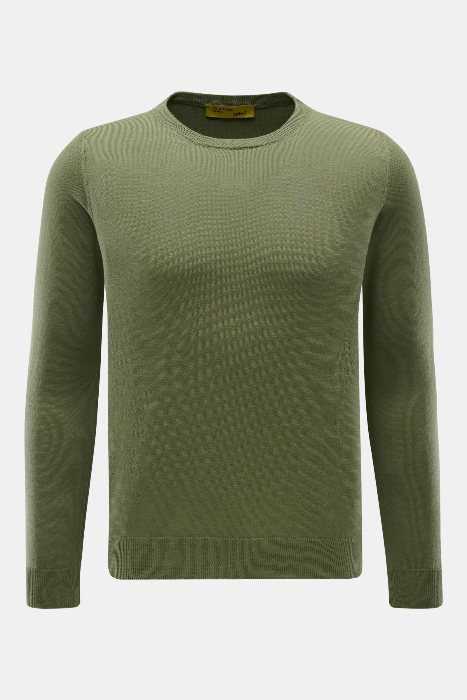 B.F. Knitwear Rundhalspullover oliv, Slim Fit, reine Baumwolle, weicher Griff, feines Strickbild, Rundhalsausschnitt, Rippbündchen, Frontalansicht.