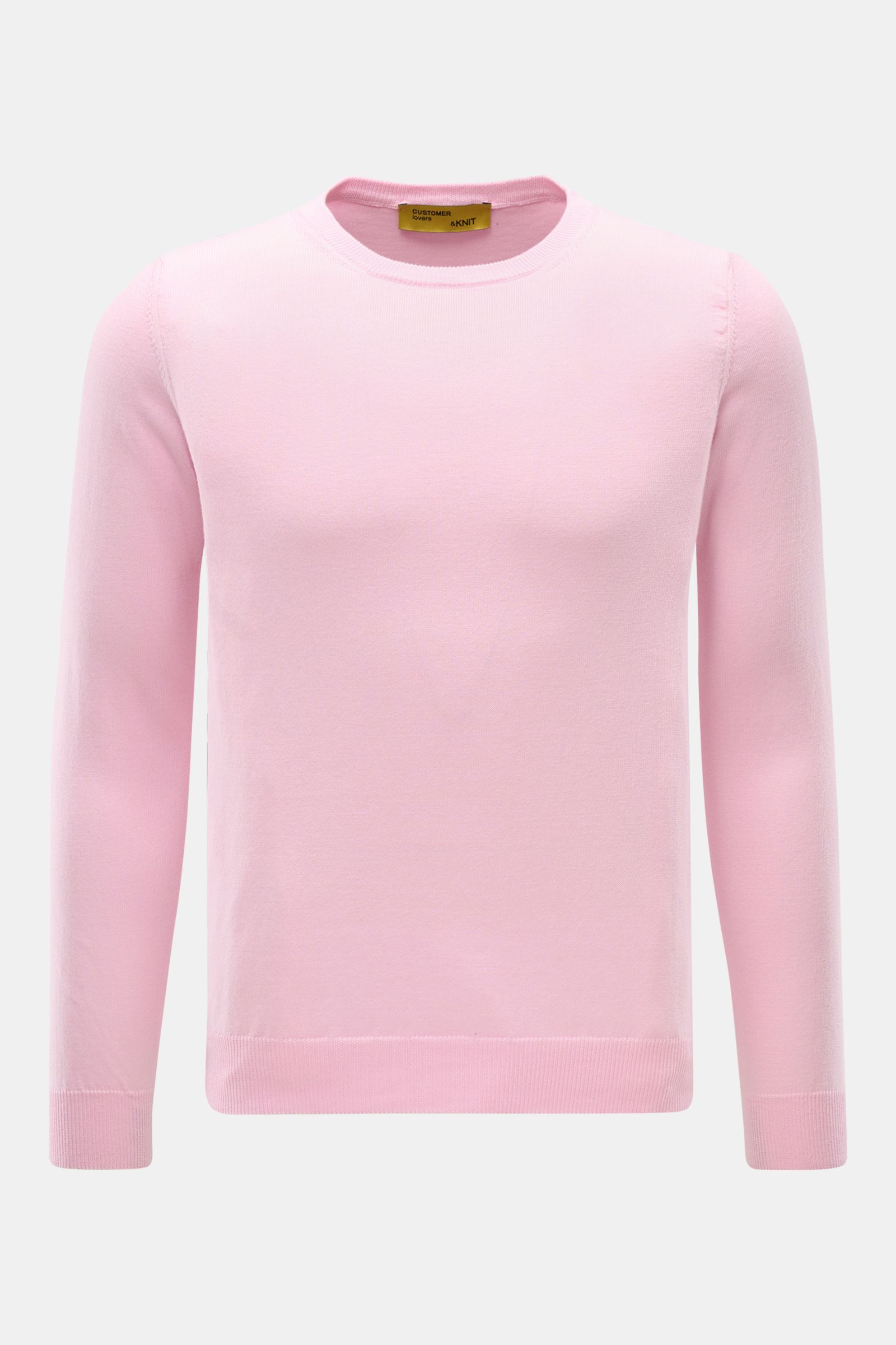 Front view of B.F. Knitwear Crew neck jumper rose in pure cotton, featuring soft feel, fine knit, slim fit, crew neck, and ribbed bands. 

A versatile essential for spring: This crew neck jumper in pure cotton by B.F. KNITWEAR enhances any wardrobe wit