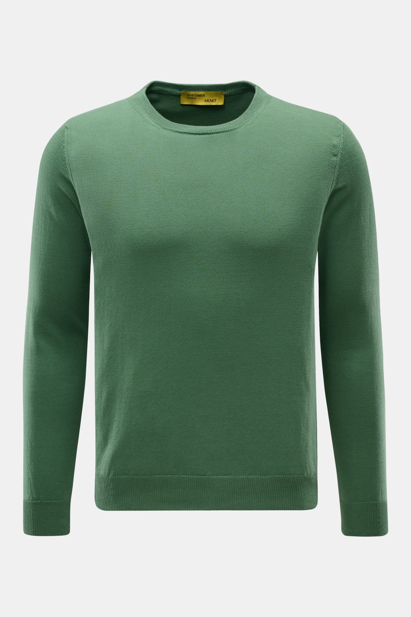 B.F. Knitwear Crew neck jumper green shown from the front, slim fit in pure cotton with a soft feel, fine knit, ribbed bands, and a comfortable crew neck. A versatile essential for spring, enhancing any wardrobe with a clean, timeless aesthetic.