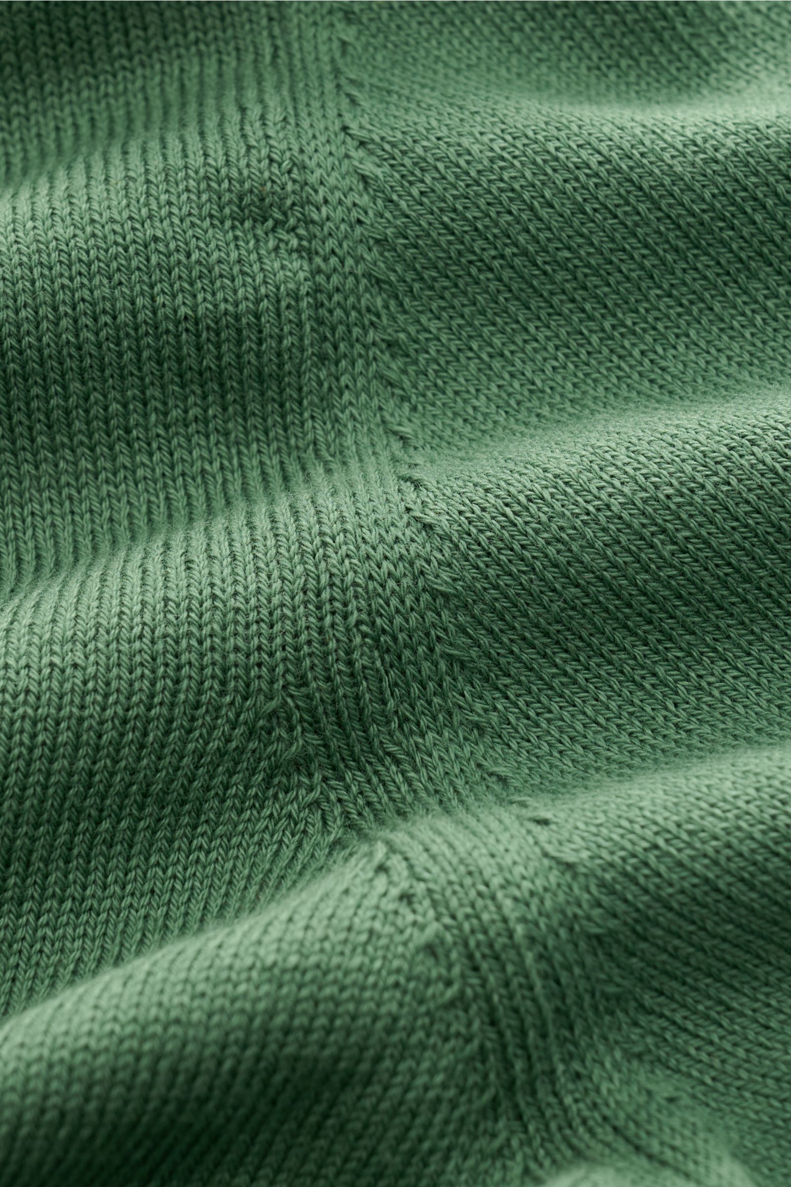 Close-up front view of B.F. Knitwear Crew neck jumper green, showing fine knit pure cotton fabric with soft feel and ribbed bands. 

A versatile essential for spring: This crew neck jumper in pure cotton by B.F. KNITWEAR enhances any wardrobe with a cl