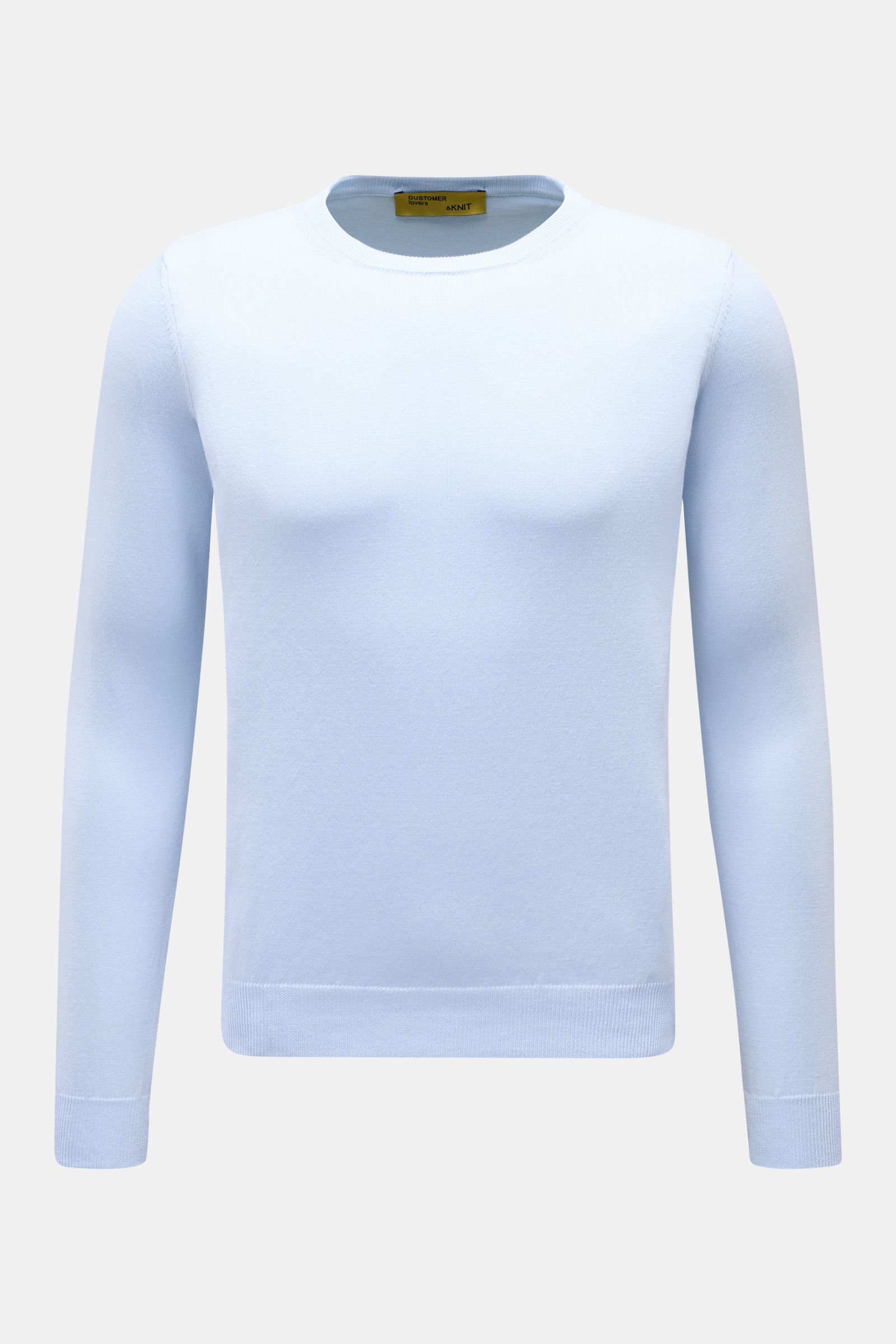 Front view of B.F. Knitwear Crew neck jumper light blue, slim fit, pure cotton with fine knit, soft feel, ribbed bands for comfort.

Description: A versatile essential for spring: This crew neck jumper in pure cotton by B.F. KNITWEAR enhances any wardr