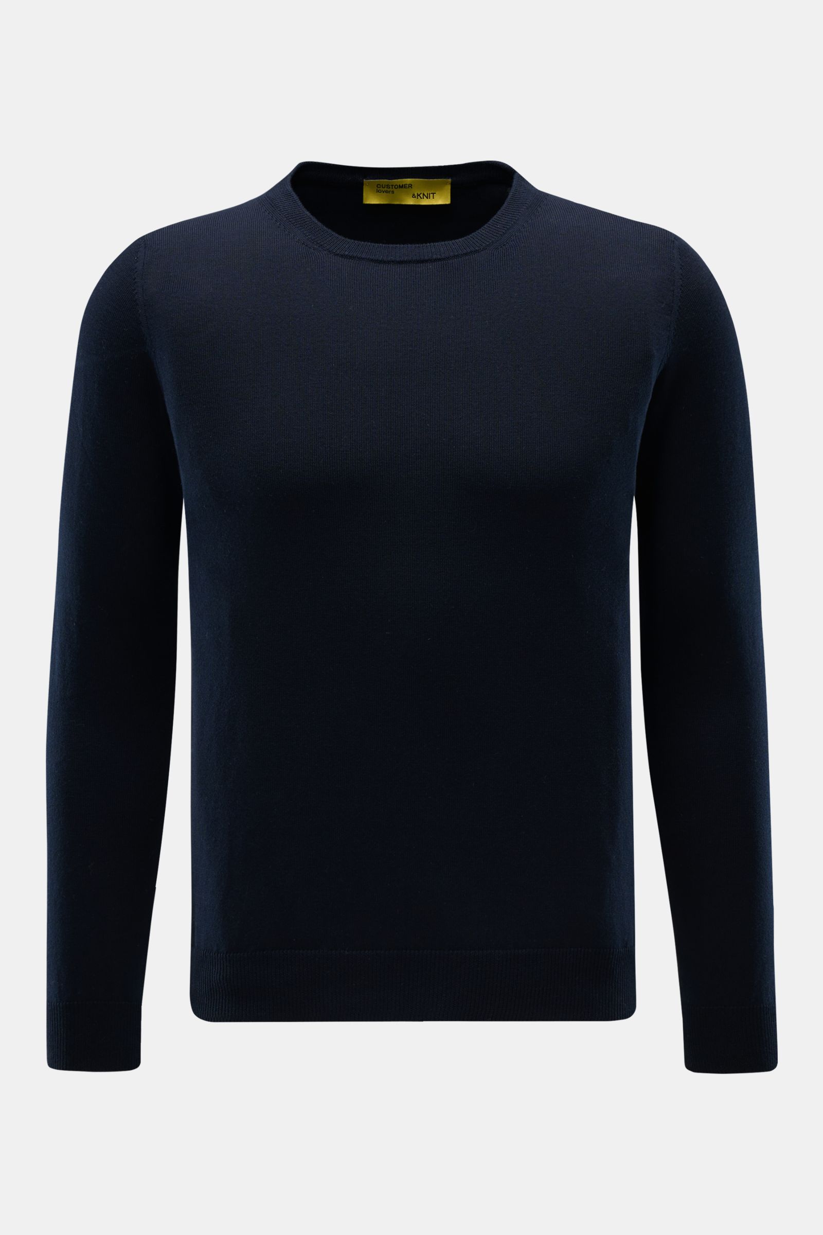 Front view of B.F. Knitwear Crew neck jumper dark navy in pure cotton, soft fine knit, slim fit with ribbed bands, ideal for spring. 

Description: A versatile essential for spring: This crew neck jumper in pure cotton by B.F. KNITWEAR enhances any war