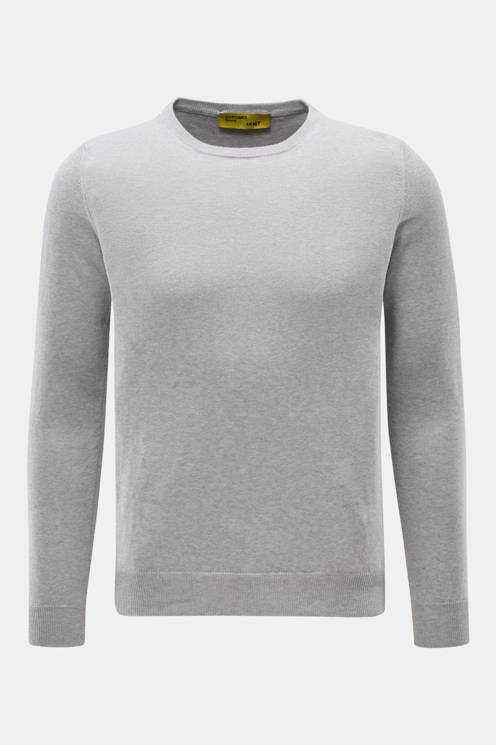 Front view of B.F. Knitwear Crew neck jumper grey melange in pure cotton, soft feel, fine knit, slim fit, with ribbed bands, crew neck.  
Description: A versatile essential for spring: This crew neck jumper in pure cotton by B.F. KNITWEAR enhances any 