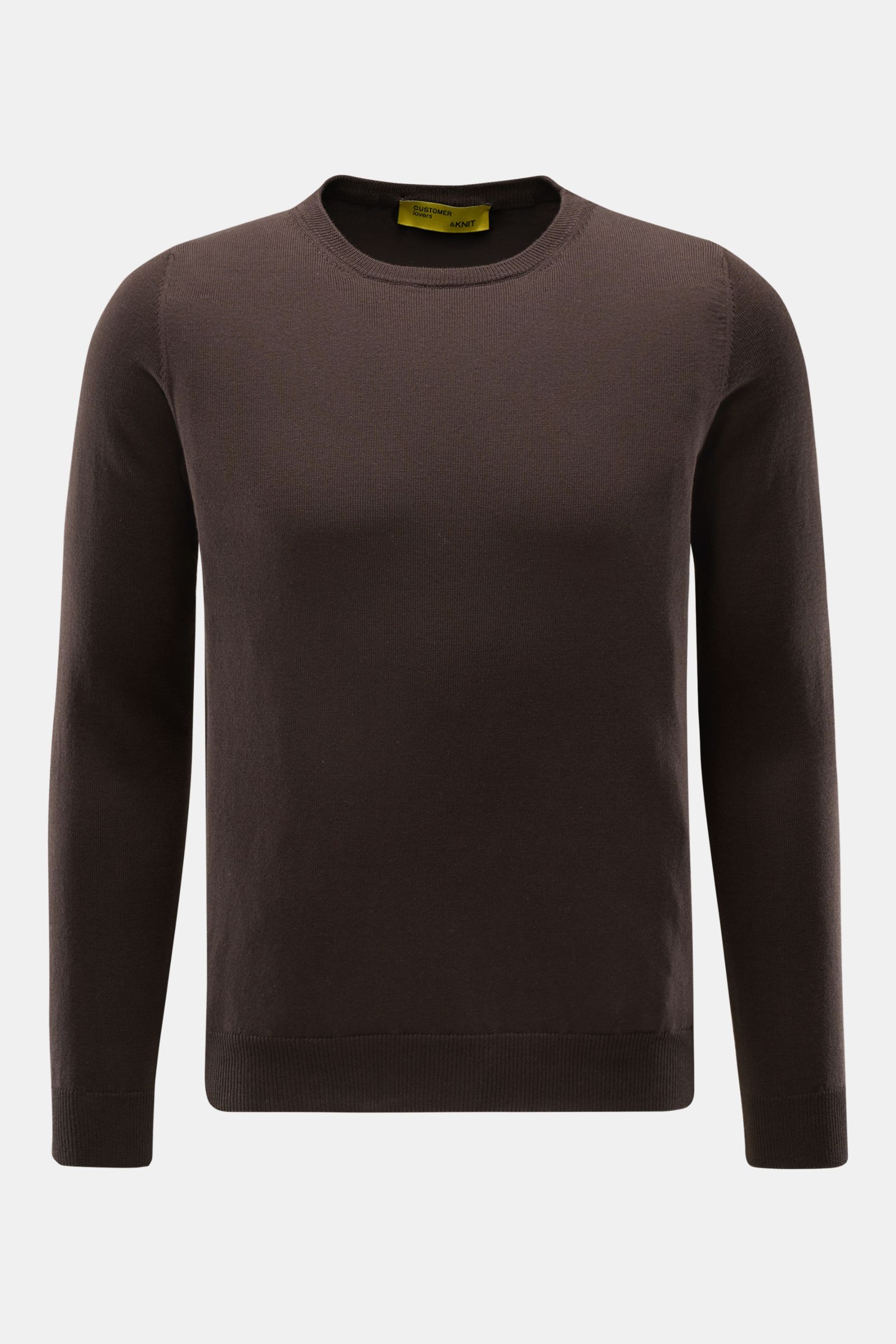 Front view of B.F. Knitwear Crew neck jumper dark brown, a slim fit pure cotton jumper with fine knit, soft feel, crew neck, and ribbed bands. A versatile essential for spring: This crew neck jumper in pure cotton by B.F. KNITWEAR enhances any wardrobe