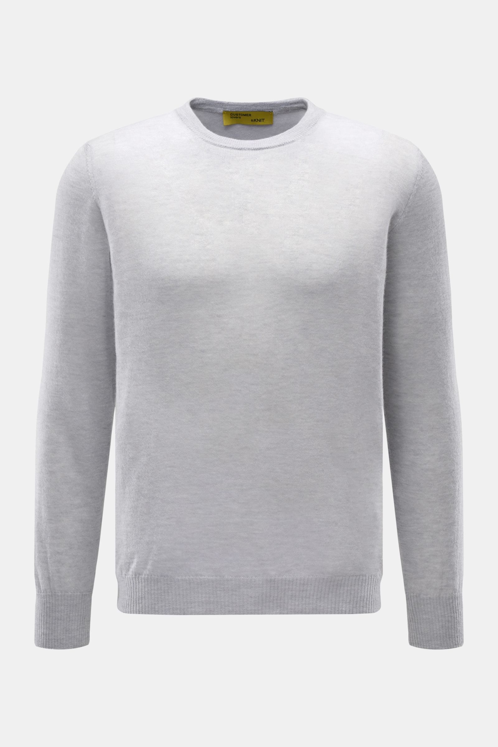 Front view of the B.F. Knitwear Cashmere crew neck jumper light grey mottled, a slim fit, pure cashmere fine airy knit with soft feel and elasticated rib knit bands. Lightweight summer cashmere from knitwear experts B.F. KNITWEAR: enhance your spring ward