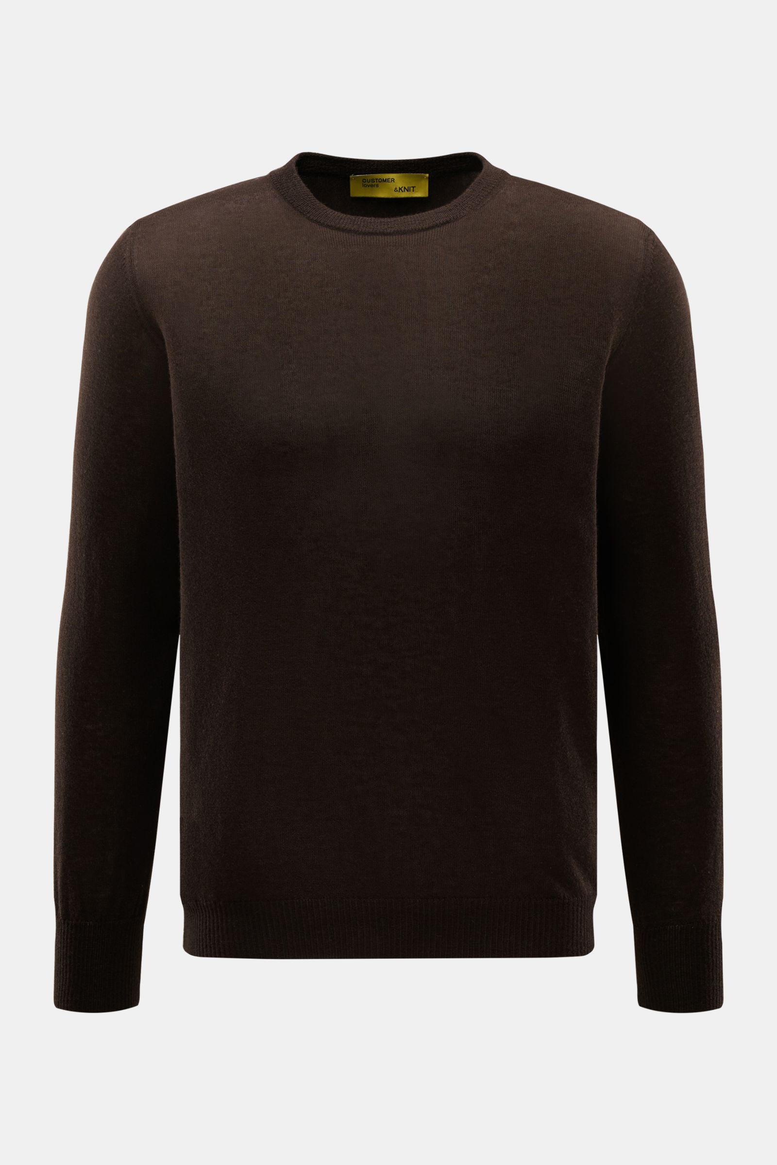 Front view of B.F. Knitwear Cashmere crew neck jumper dark brown, lightweight summer cashmere, slim fit with elasticated rib knit bands.

Description: Lightweight summer cashmere from knitwear experts B.F. KNITWEAR: enhance your spring wardrobe with a 