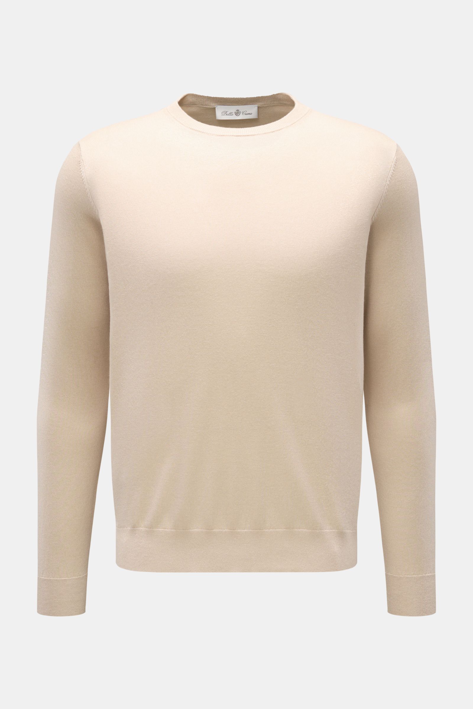 Front view of Della Ciana Feinstrick-Rundhalspullover 'Girocollo' beige, a slim fit, lightweight fine knit sweater in silk-cashmere blend with soft touch, round neckline, and ribbed cuffs. 