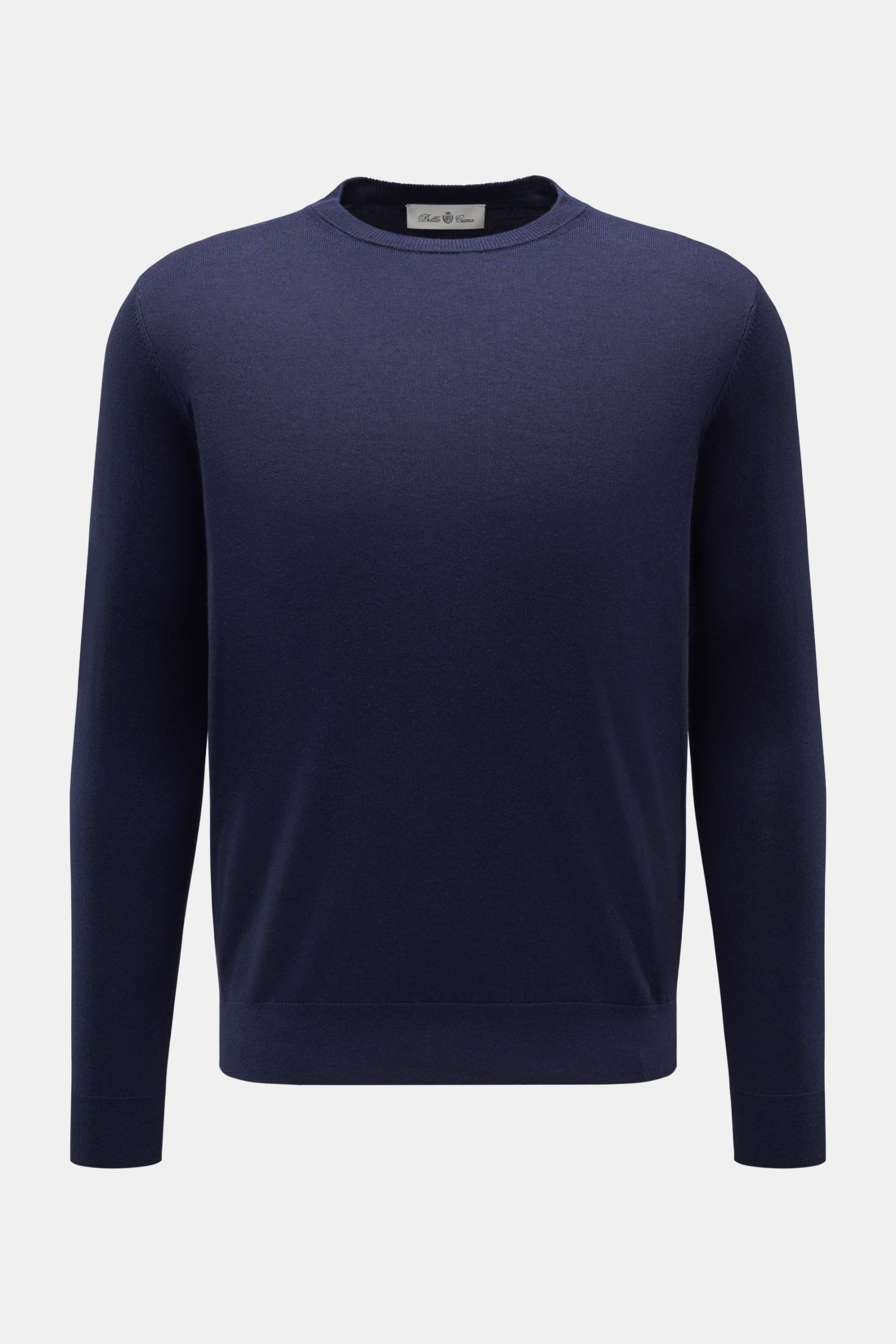 Della Ciana Feinstrick-Rundhalspullover 'Girocollo' navy shown front-facing, slim fit with soft silk-cashmere blend, fine knit, round neckline, and ribbed cuffs. 