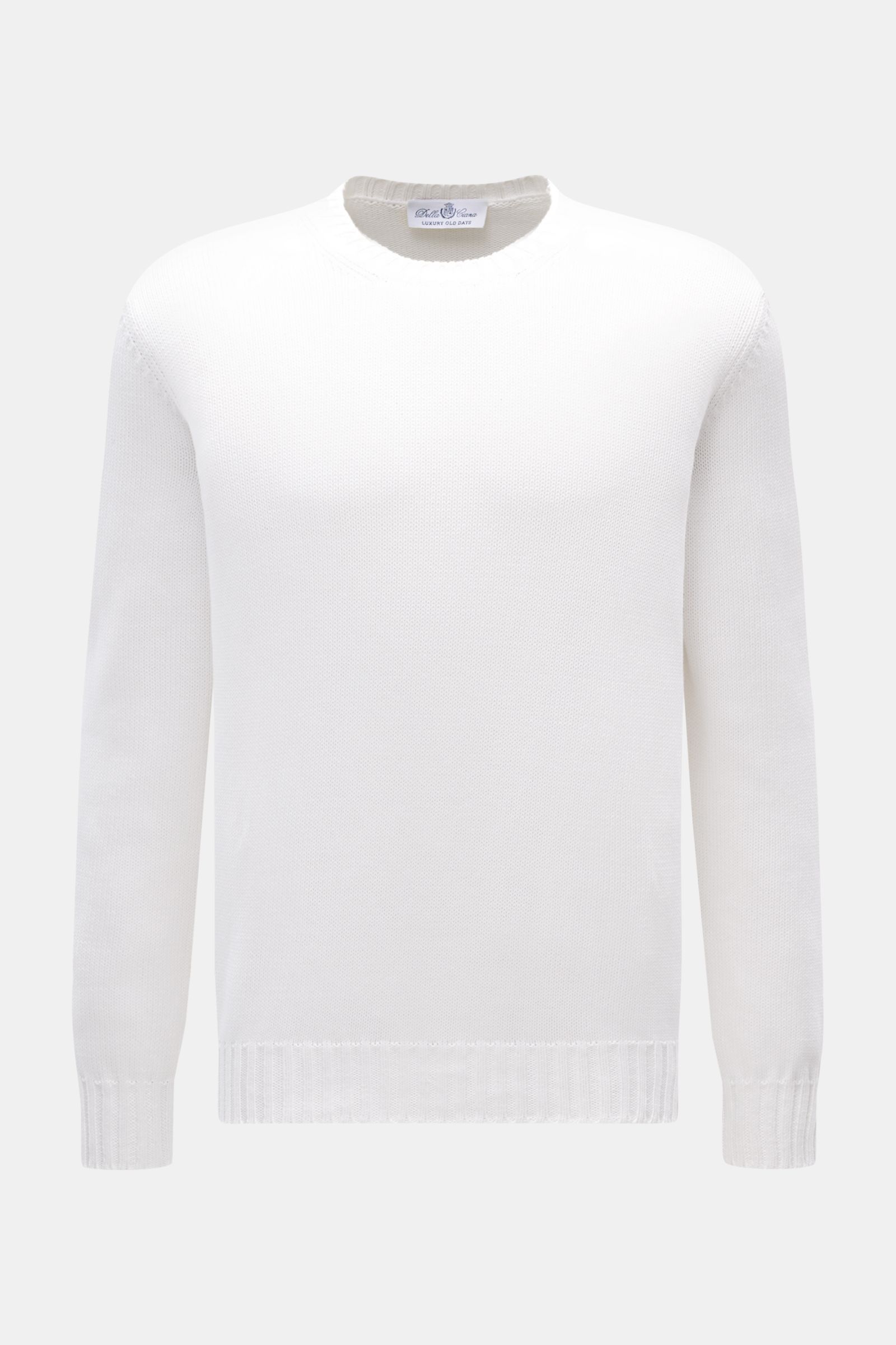 Front view of Della Ciana Crew neck jumper white, an elegant Italian cotton jumper with slim fit and ribbed bands.

This elegant Italian cotton jumper by DELLA CIANA will enhance your spring wardrobe with its classic fit and can be styled in a variety 
