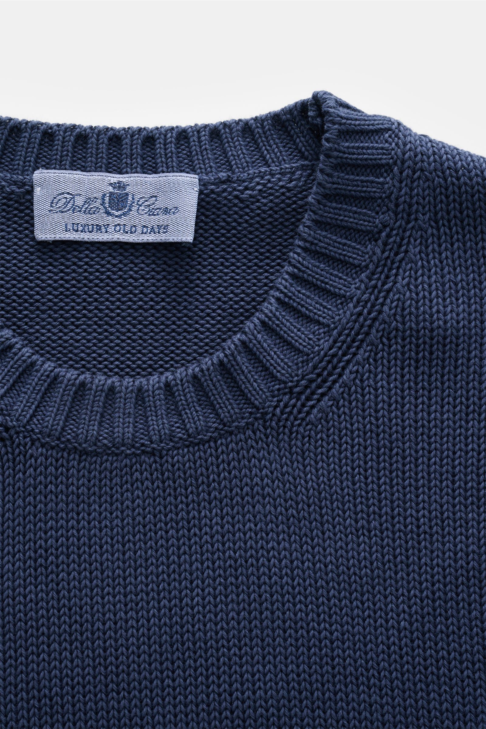 Close-up top-front view of the Della Ciana Crew neck jumper dark blue showing the ribbed crew neck and fine knit texture.

This elegant Italian cotton jumper by DELLA CIANA will enhance your spring wardrobe with its classic fit and can be styled in a v