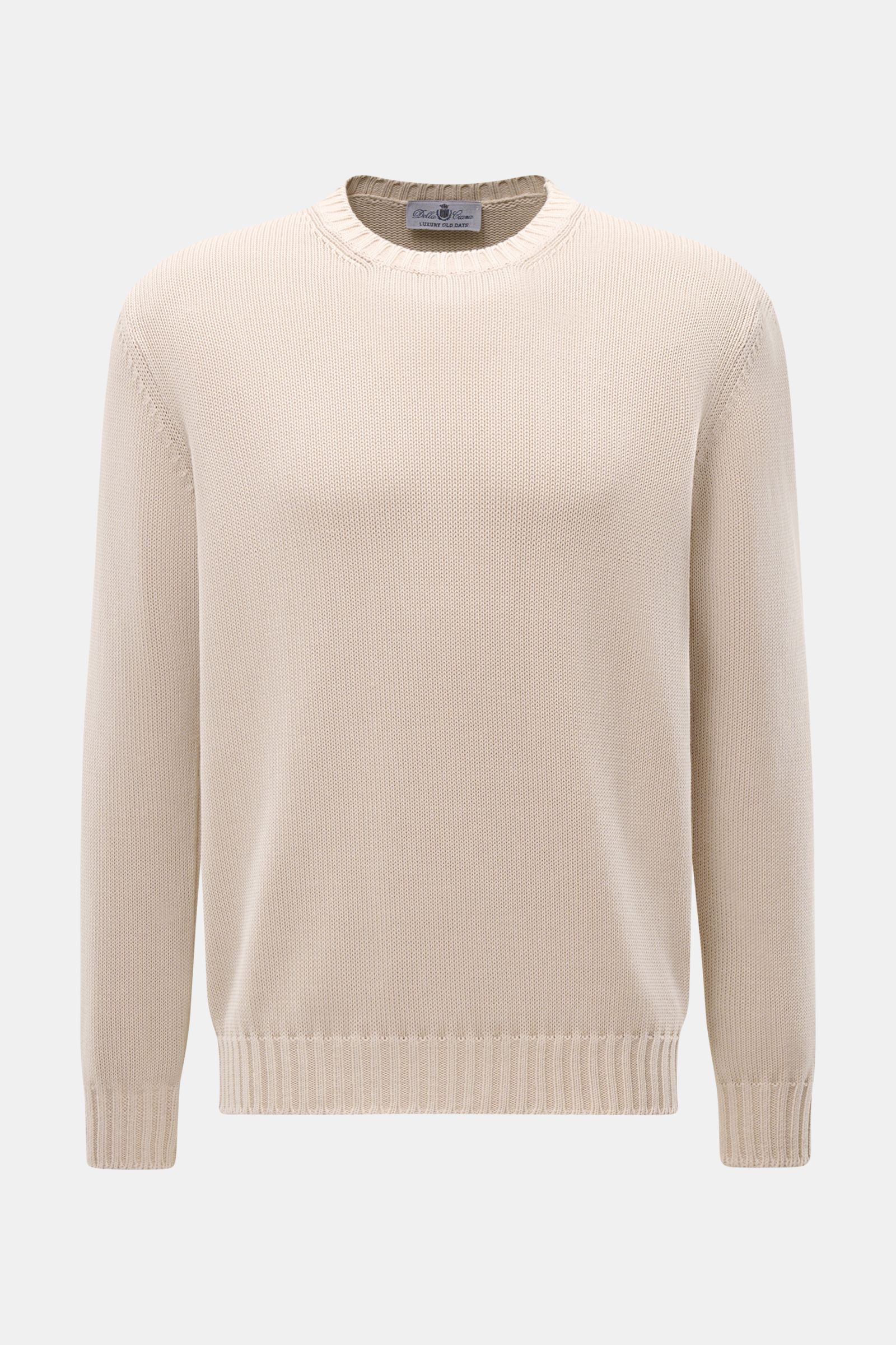 Della Ciana Rundhalspullover sand, Frontansicht, Slim Fit, reiner Pima-Baumwollstrick, Rundhalsausschnitt, weicher Griff, mittelfeines Strickbild, Rippbündchen.