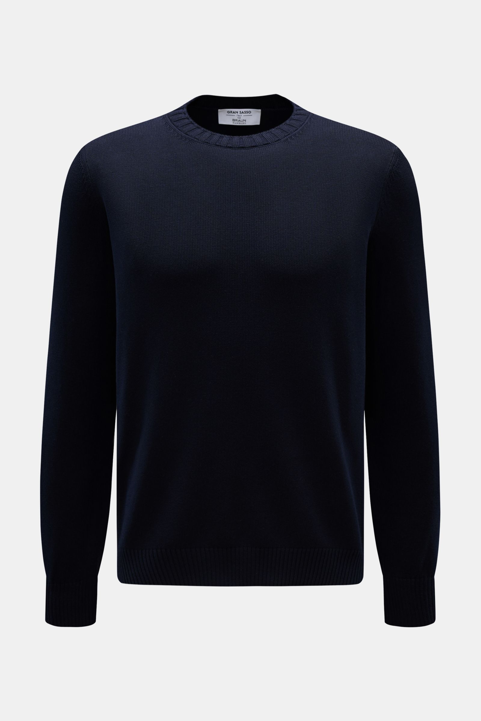 Gran Sasso Rundhalspullover navy, Slim Fit, reine Baumwolle, weicher Griff, feines Strickbild, Rundhalsausschnitt, Rippbündchen, Frontansicht.