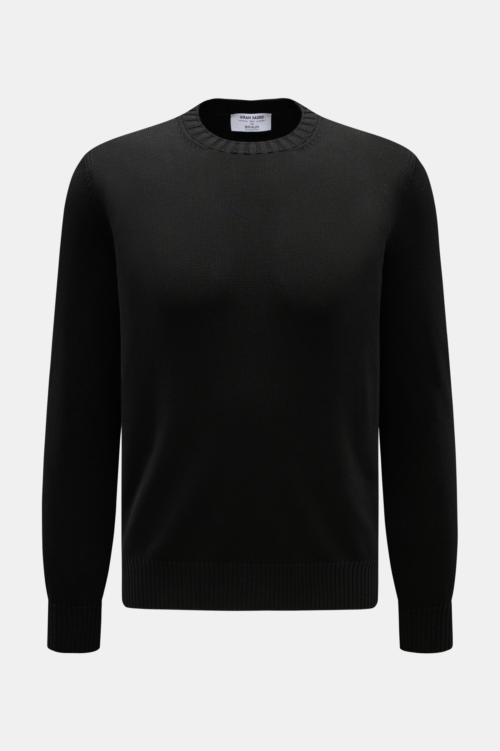 Gran Sasso Rundhalspullover schwarz, Slim Fit, reine Baumwolle, feines Strickbild, Rundhalsausschnitt, Rippbündchen, Frontalansicht.