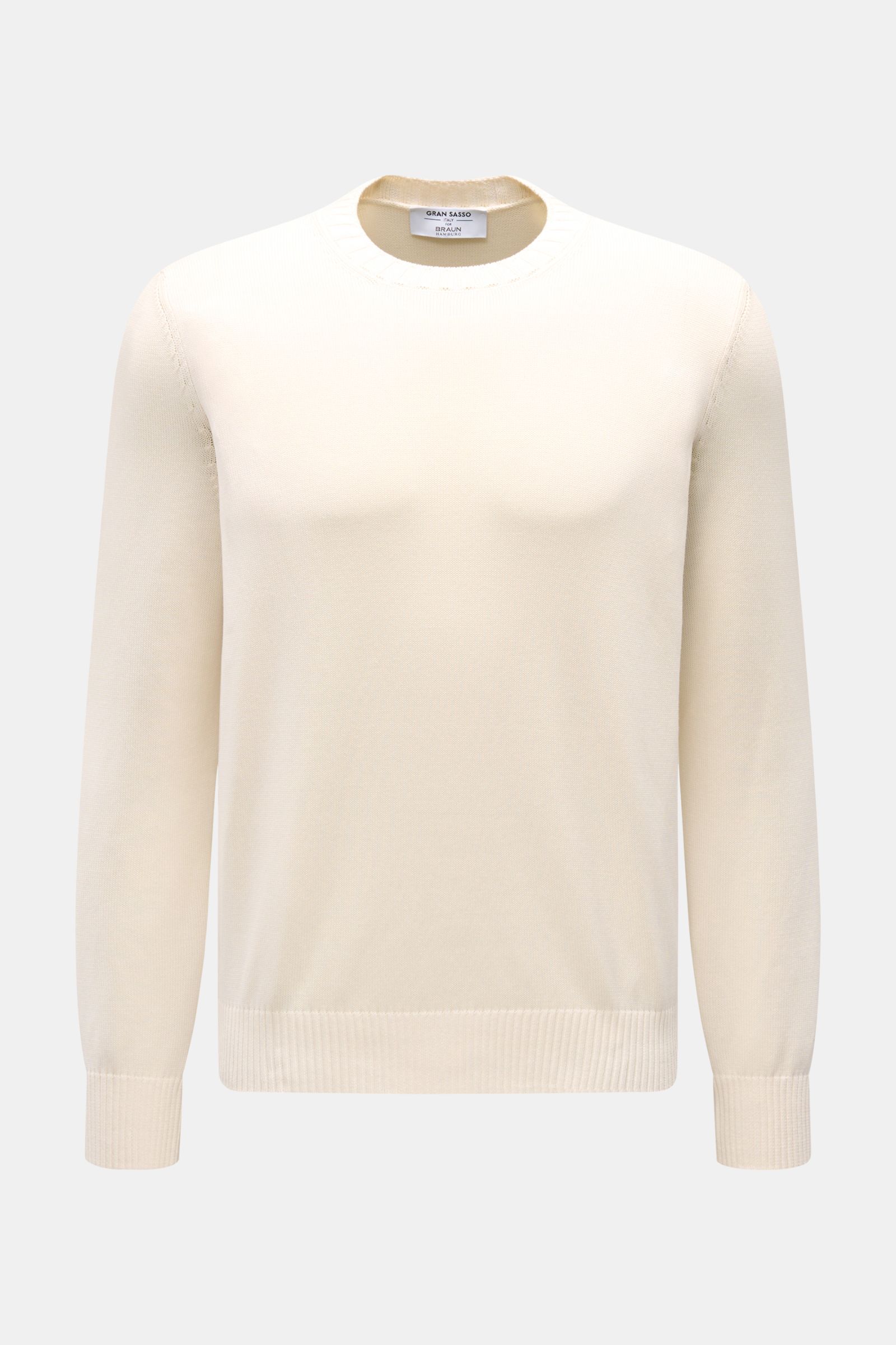 Gran Sasso Rundhalspullover creme aus reiner Baumwolle, Slim Fit, feines Strickbild, weicher Griff, Rundhals, Rippbündchen, Frontalansicht.