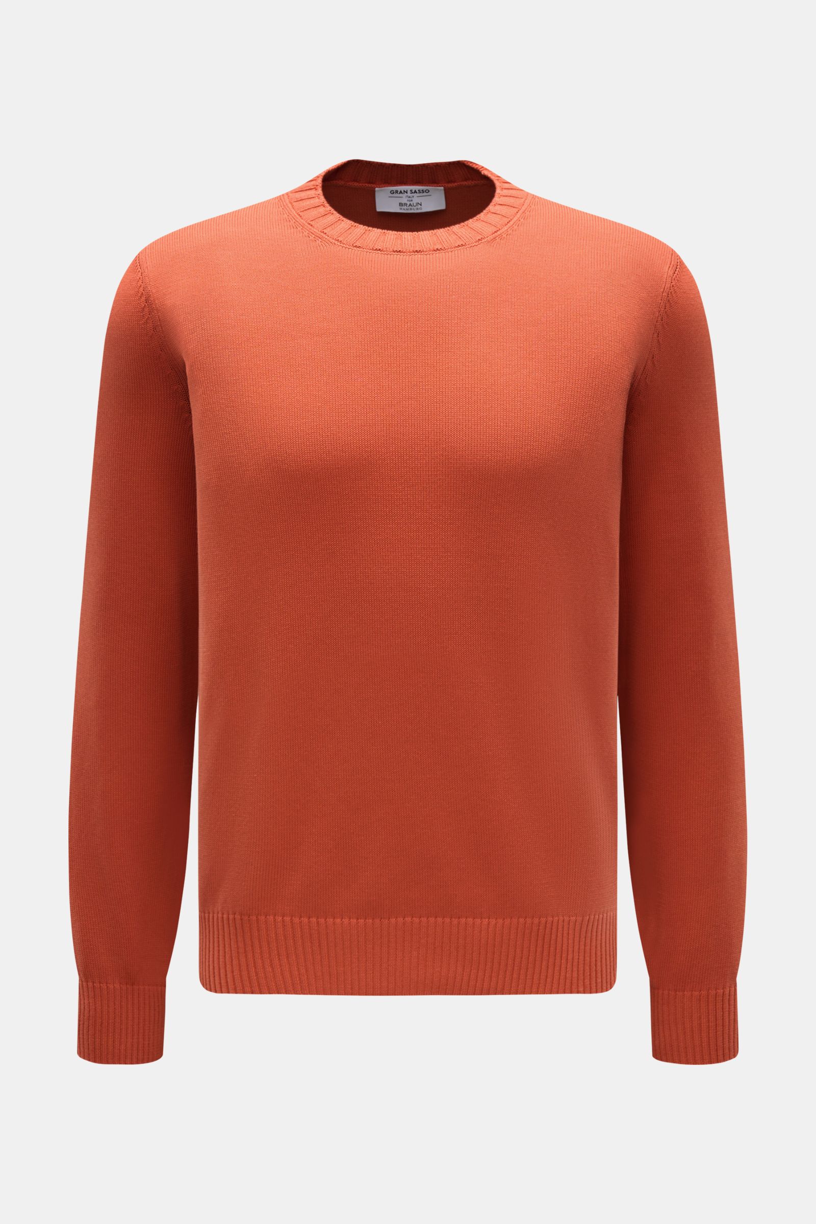 Gran Sasso Rundhalspullover orange, Slim Fit, reine Baumwolle, weicher Griff, feines Strickbild, Rundhalsausschnitt, Rippbündchen, frontale Aufnahme.