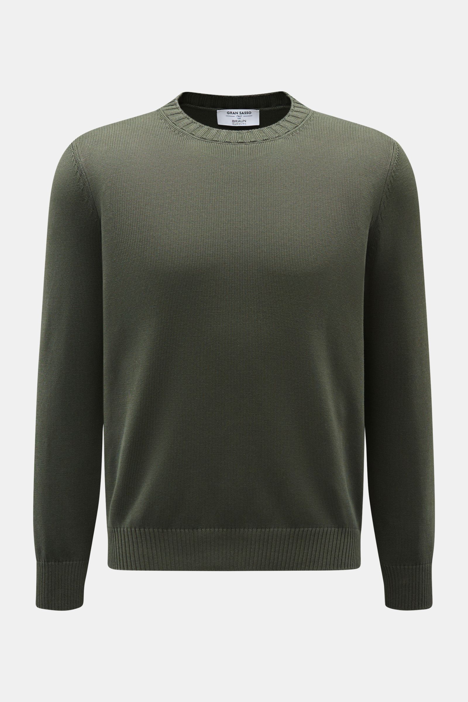 Gran Sasso Rundhalspullover dunkelgrün aus reiner Baumwolle, Slim Fit, mittelfeines Strickbild, Rundhals, Rippbündchen, frontal fotografiert.