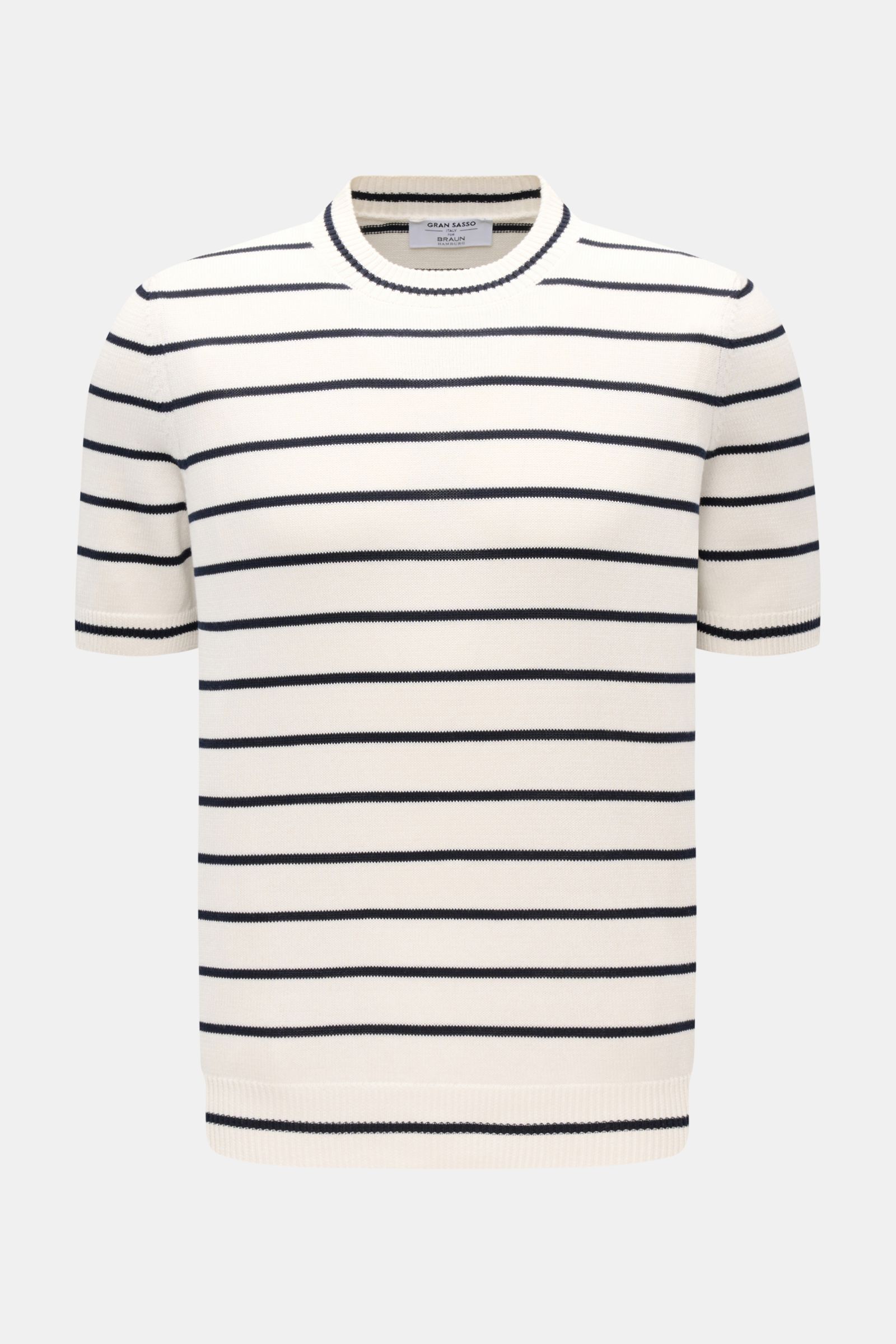 Gran Sasso Kurzarmpullover weiß/schwarz gestreift, Slim Fit, aus reiner Bio-Baumwolle mit Rundhals, weichem Griff, schmalen Streifen, flexible Rippbündchen, frontale Perspektive.