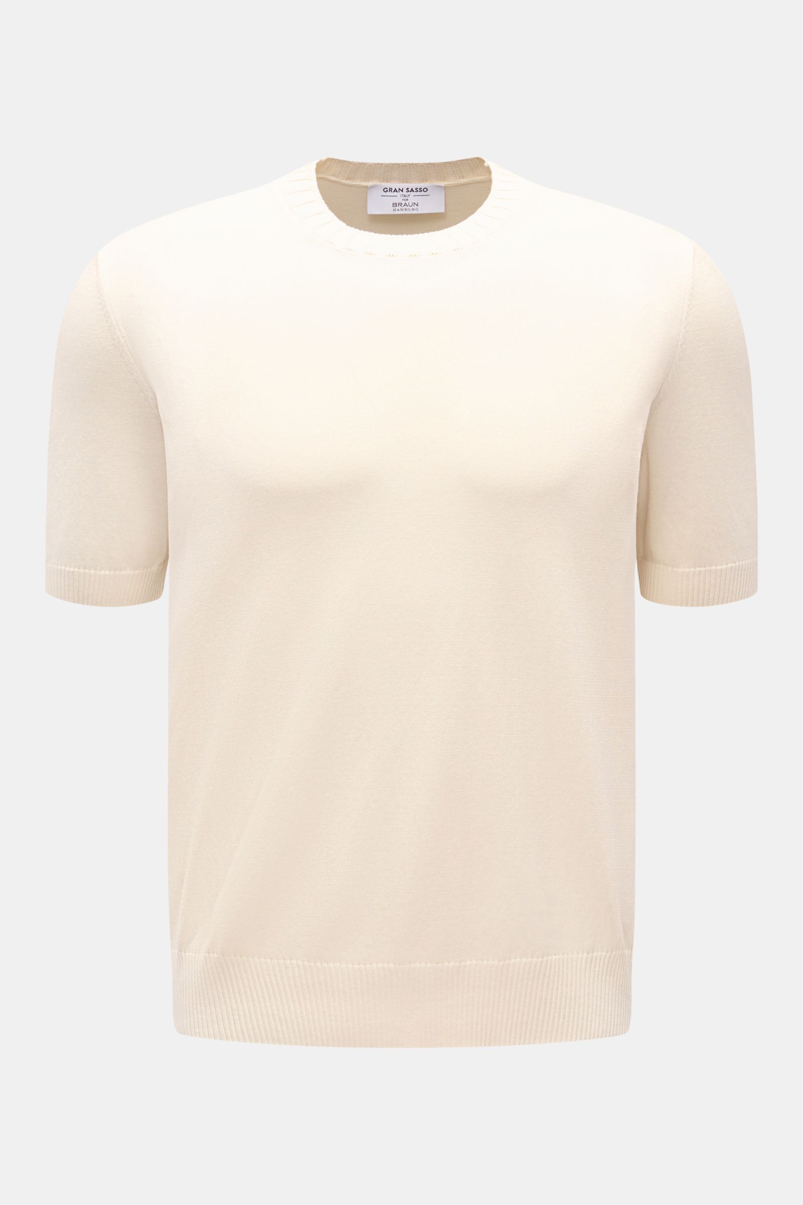 Gran Sasso Kurzarmpullover creme, frontale Nahaufnahme, reine Baumwolle, Slim Fit, Rundhalsausschnitt, feines Strickbild, Rippbündchen, weicher Griff.