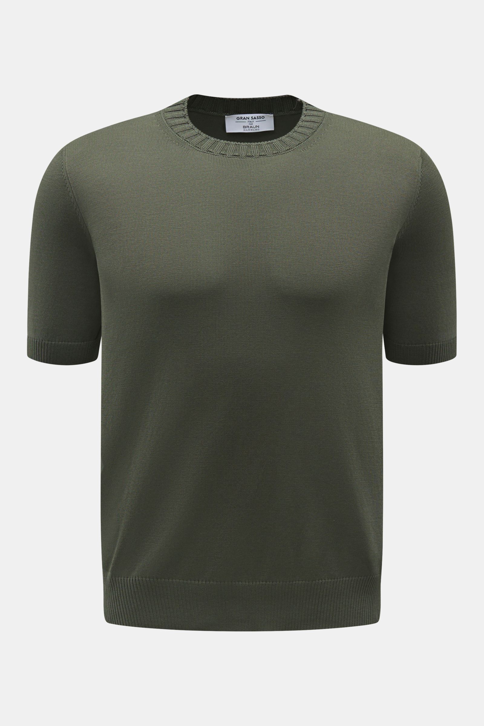 Gran Sasso Kurzarmpullover dunkelgrün, frontale Ansicht, reine Baumwolle, Slim Fit, feines Strickbild, Rundhalsausschnitt, weicher Griff, komfortable Rippbündchen.