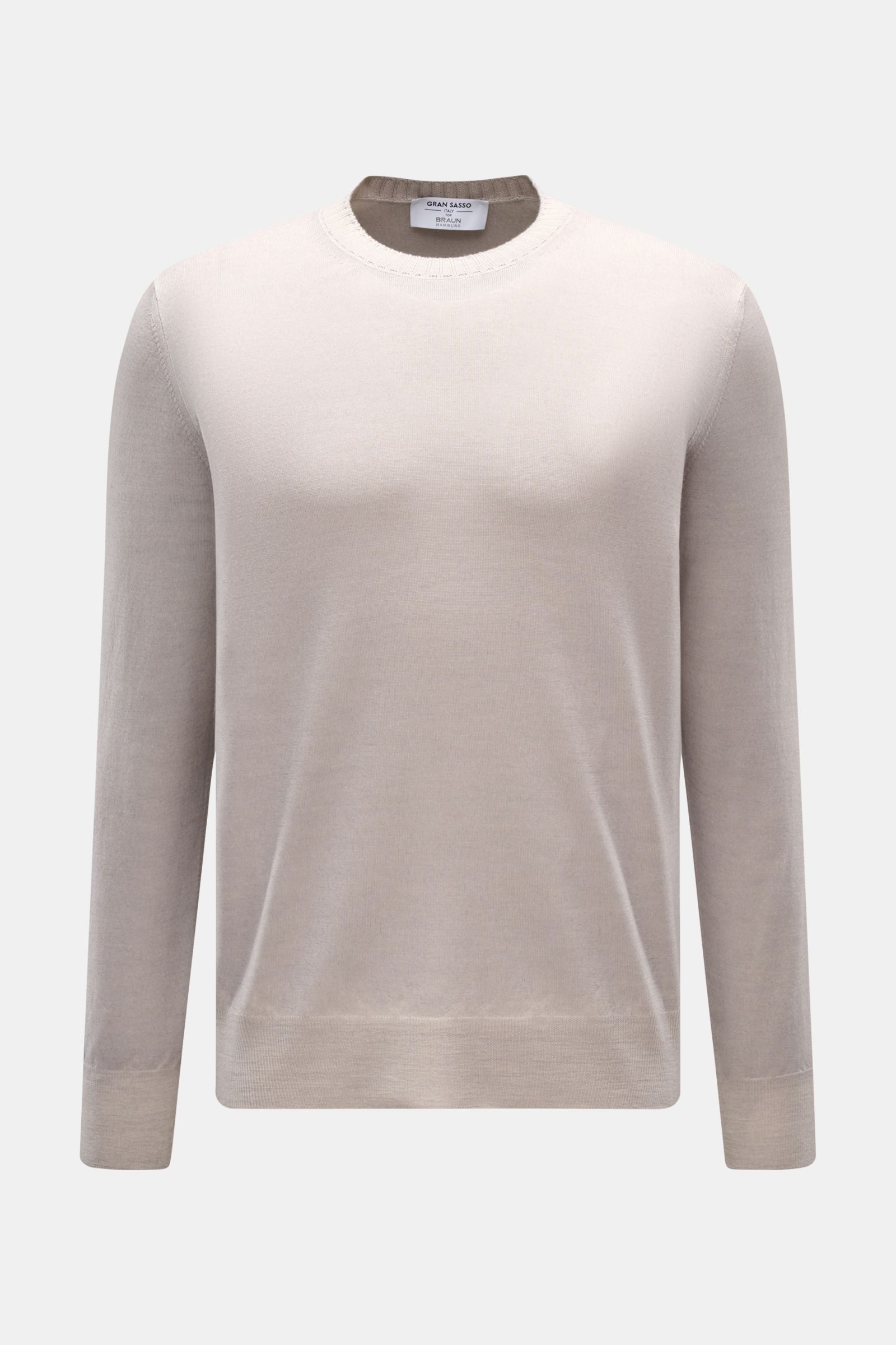 Gran Sasso Rundhalspullover grau, Slim Fit, reine Wolle, feines Strickbild, Rundhalsausschnitt, Rippbündchen, frontale Nahaufnahme, eleganter italienischer Strick.