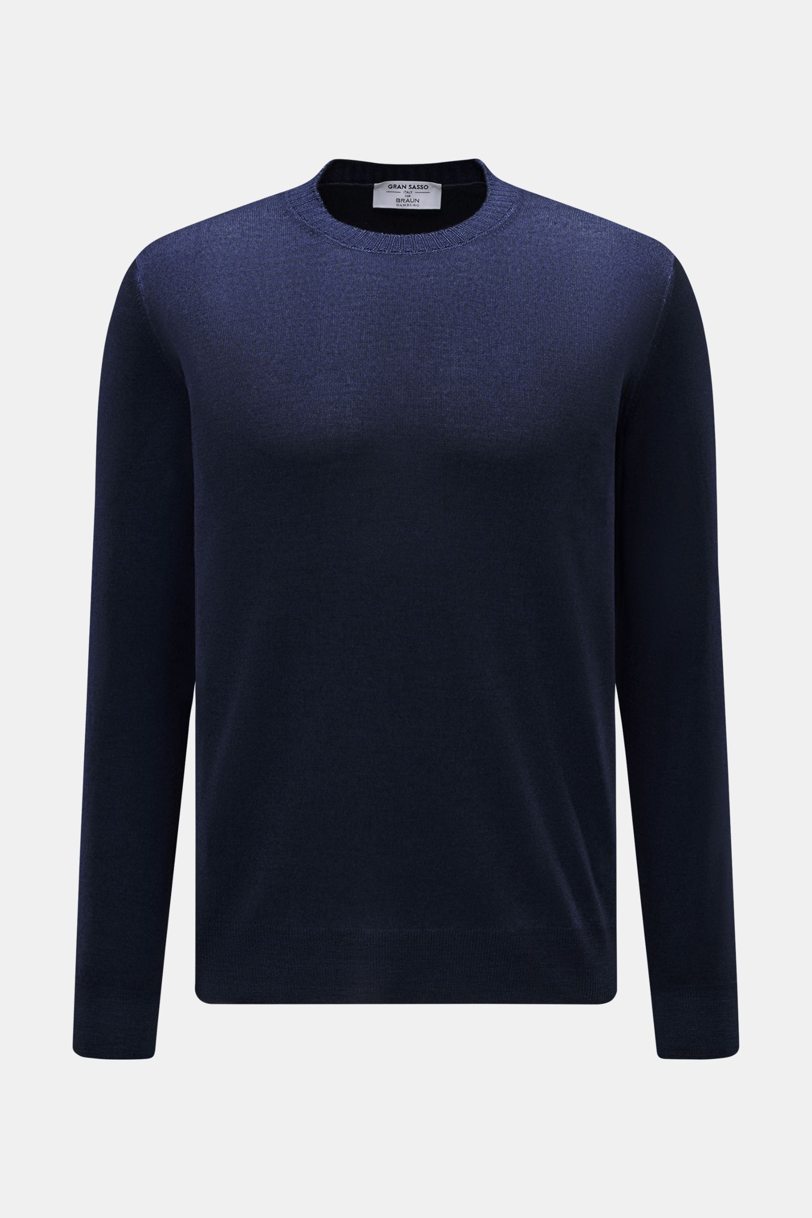 Gran Sasso Rundhalspullover dunkelblau meliert, reine Wolle, Slim Fit, Rundhalsausschnitt, feines Strickbild, Rippbündchen, frontale Produktansicht.